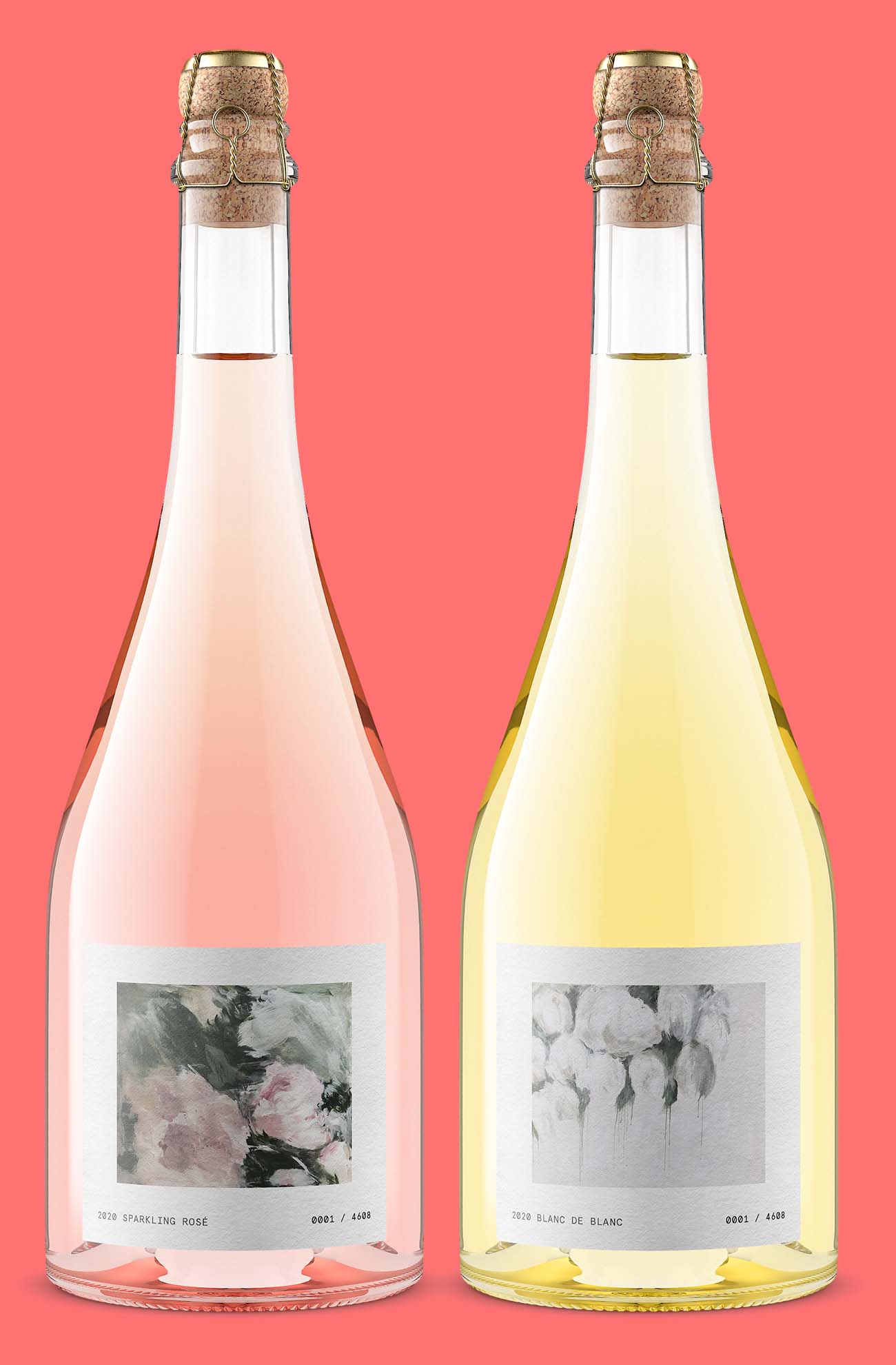 Two sparkling wine bottles, a 2020 Sparkling Rosé and a Blanc de Blanc, each with a cage and muselet and an illustrated label, against a coral background