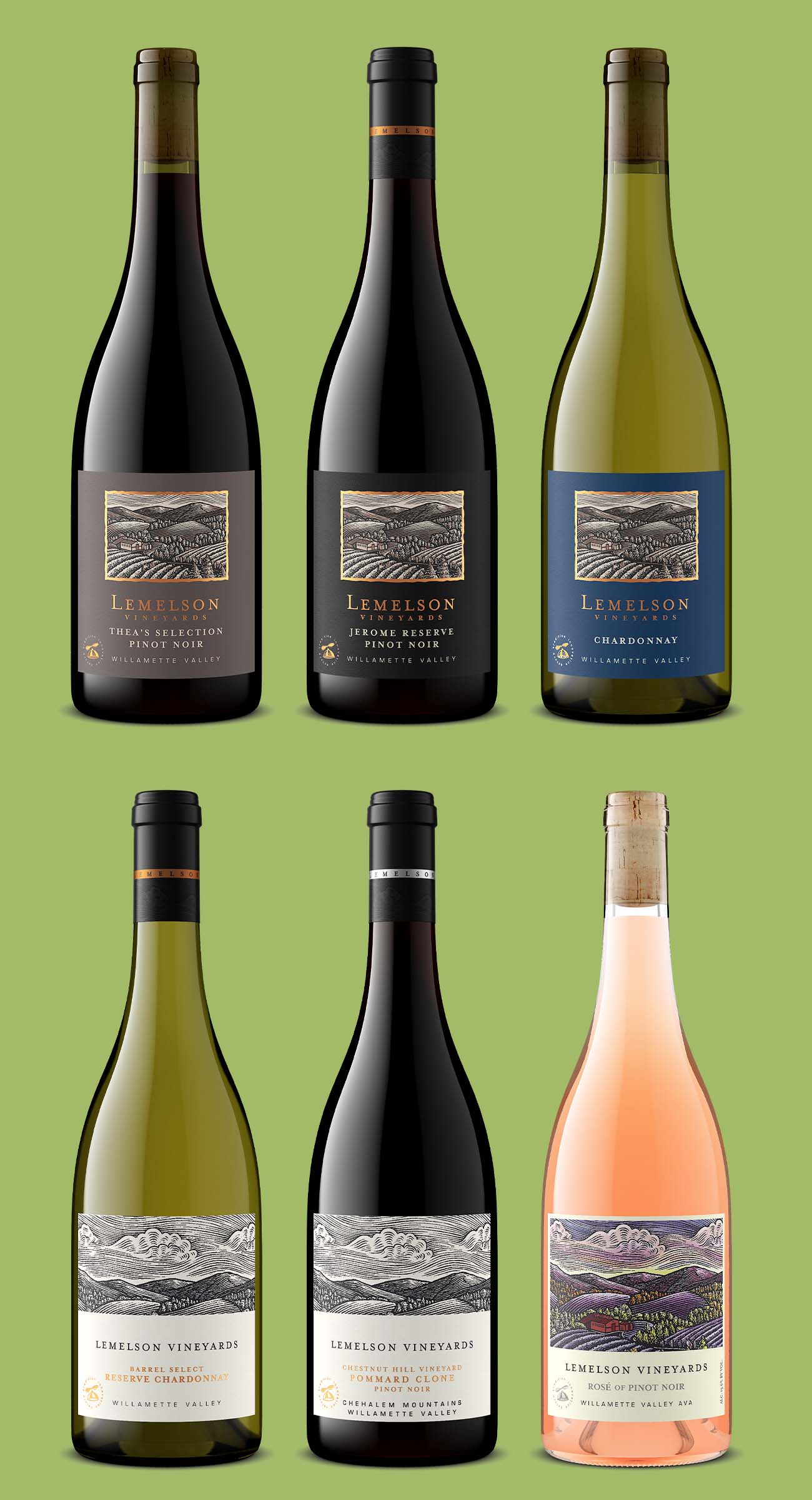 Lemelson Vineyards red, white and rosé wine bottle renders in one consistent lineup by Outshinery Studio