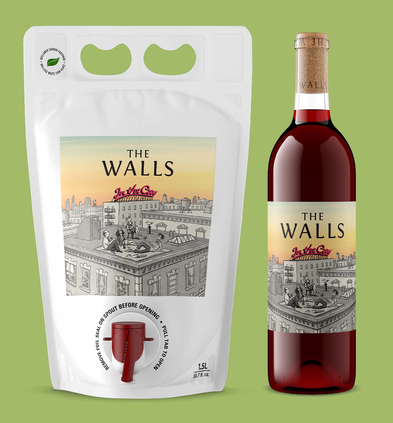 The Walls Vineyards In the City 1.5L Bagnum wine pouch beside a bottle, rendered at correct relative scale in the same light by Outshinery Studio