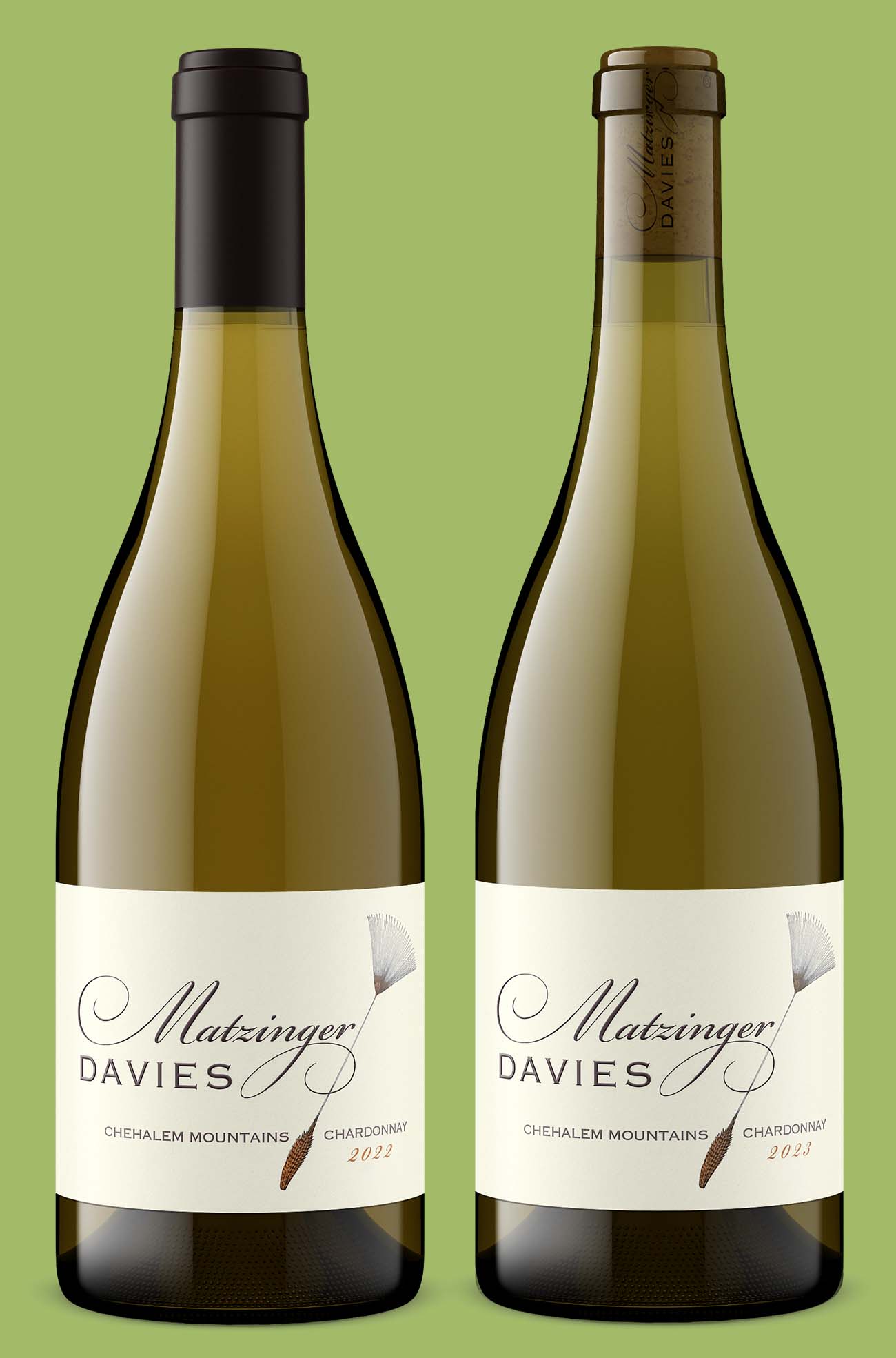 Matzinger Davies Chehalem Mountains Chardonnay, 2022 with a plain dark capsule beside 2023 with a printed capsule, both rendered by Outshinery