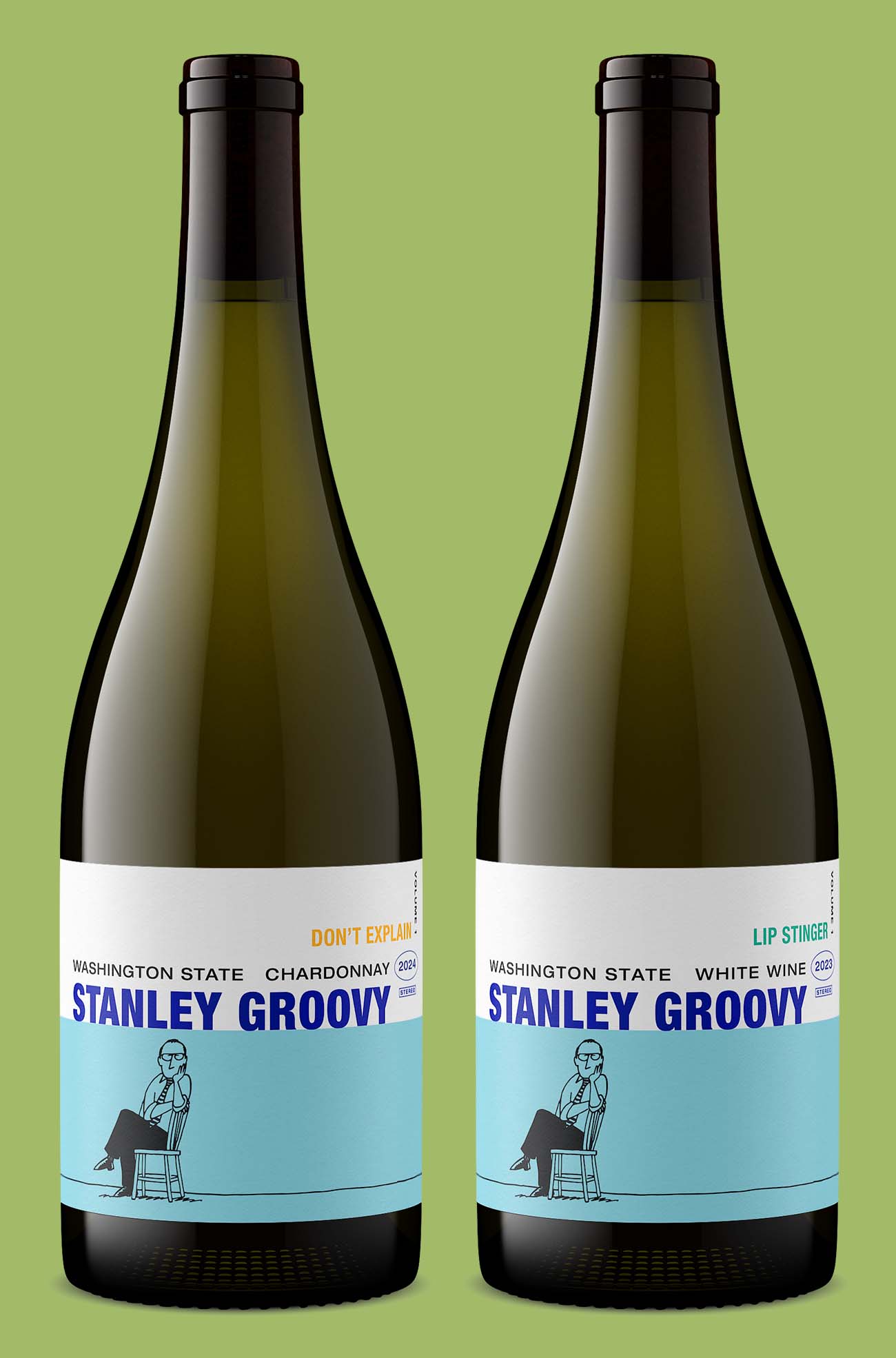 The Walls Vineyards Stanley Groovy Chardonnay and white wine bottle renders at the same angle and light by Outshinery Studio
