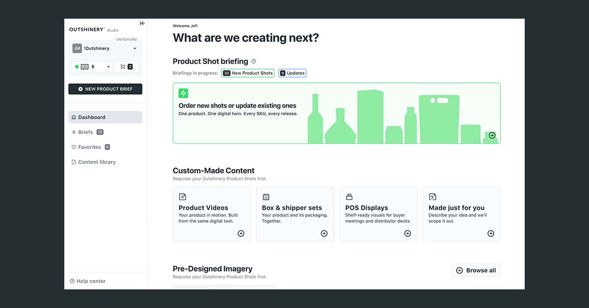 Outshinery Studio 2.1 dashboard with the Product Shot briefing panel, Custom-Made Content options and Pre-Designed Imagery, where every brief starts