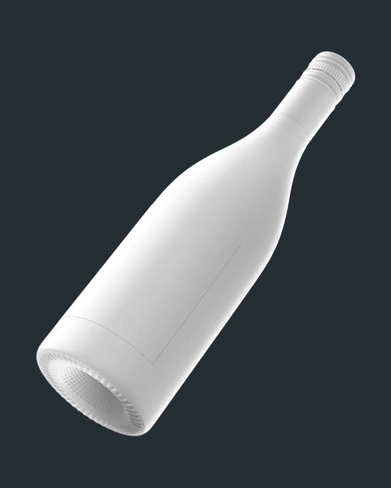Blank white 3D model of a screw cap wine bottle with its label area outlined, the container replica a Studio Product Shot is built on