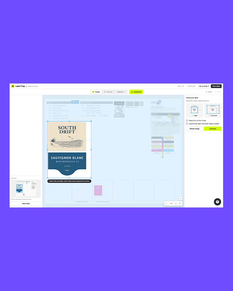 Outshinery Lite Label Prep tool in a browser, framing a Sauvignon Blanc label on a print layout before it goes on a 3D bottle
