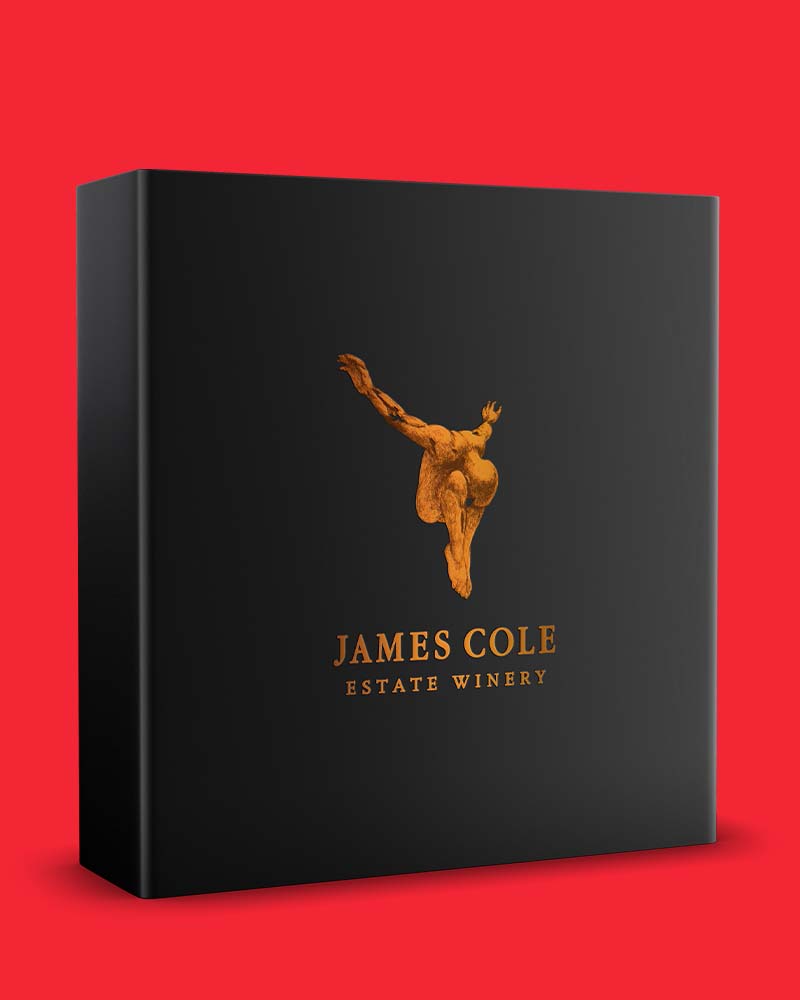 Matte black wine gift box with a copper-foil winery logo, the kind of special-release packaging that can be imaged before it is printed