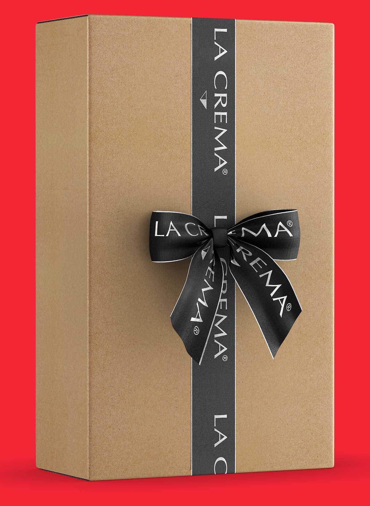 Kraft cardboard wine gift box tied with a black satin ribbon and bow printed with the winery name, a limited-edition holiday gift box
