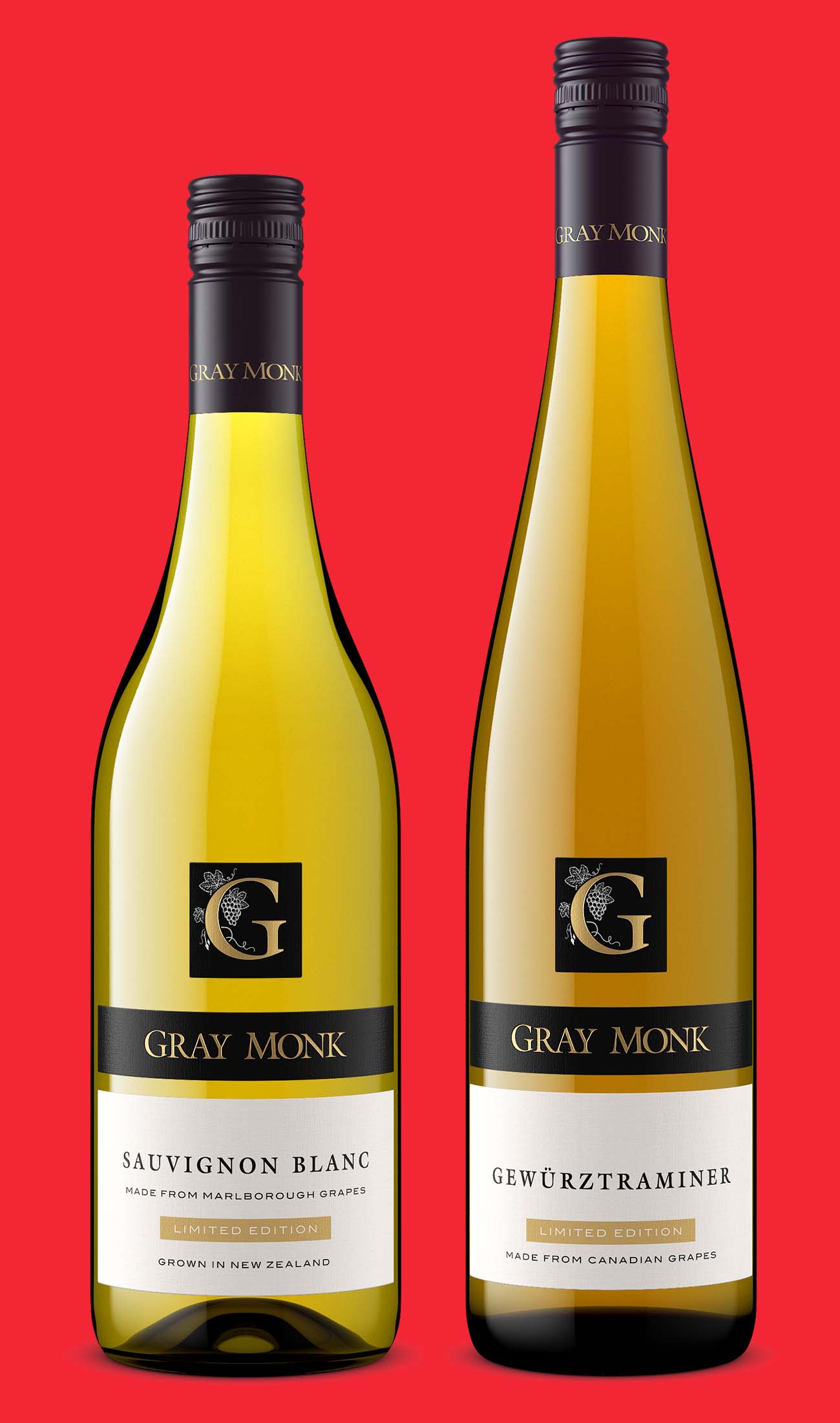 Two white wine bottles from one winery, a Sauvignon Blanc and a Gewurztraminer, each label carrying a gold limited-edition band