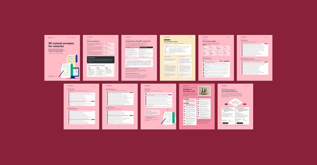 Content ideas for wineries: pages of the free 99 content prompts guide by Outshinery
