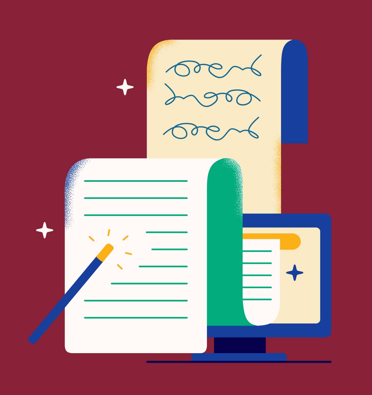 Illustration of a scribbled draft becoming a clean written page beside a computer screen, for content ideas for wineries with AI