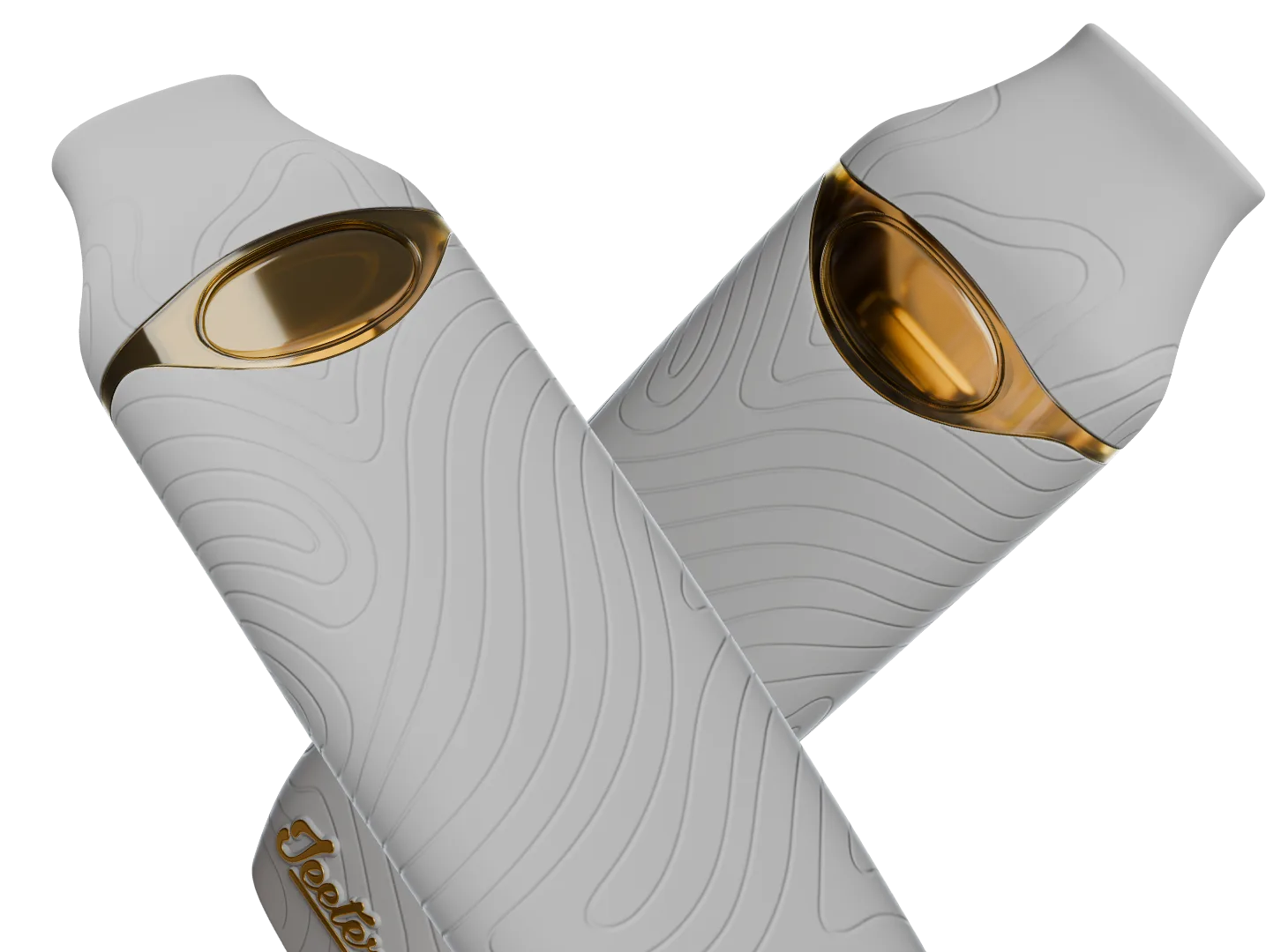 Two sleek gray vape devices with topographic line patterns and amber transparent oval windows.