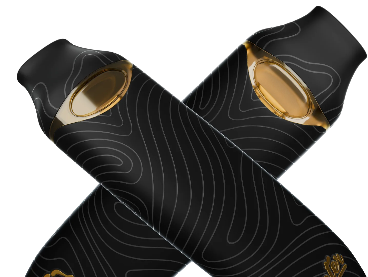 Two black vape pens with contour line patterns and amber-colored transparent window near the mouthpiece.