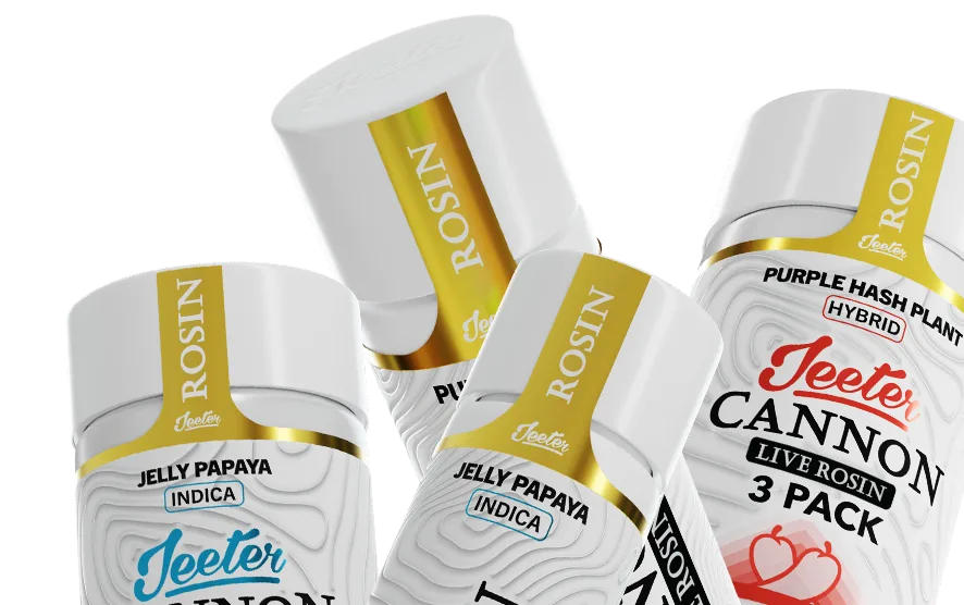 Four white Jeeter Rosin cannabis concentrate containers with Jelly Papaya and Purple Hash Plant labels.