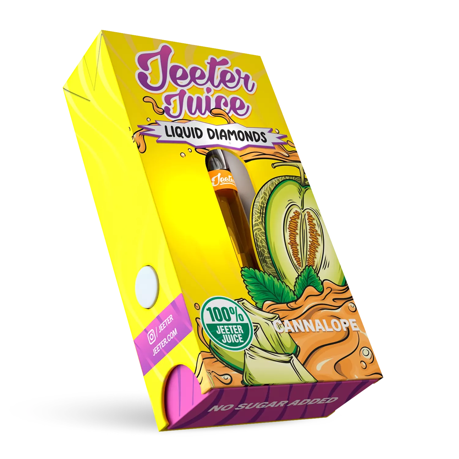 Jeeter Juice Premium Diamonds Cannalope vape cartridge in yellow and purple packaging with melon illustration.
