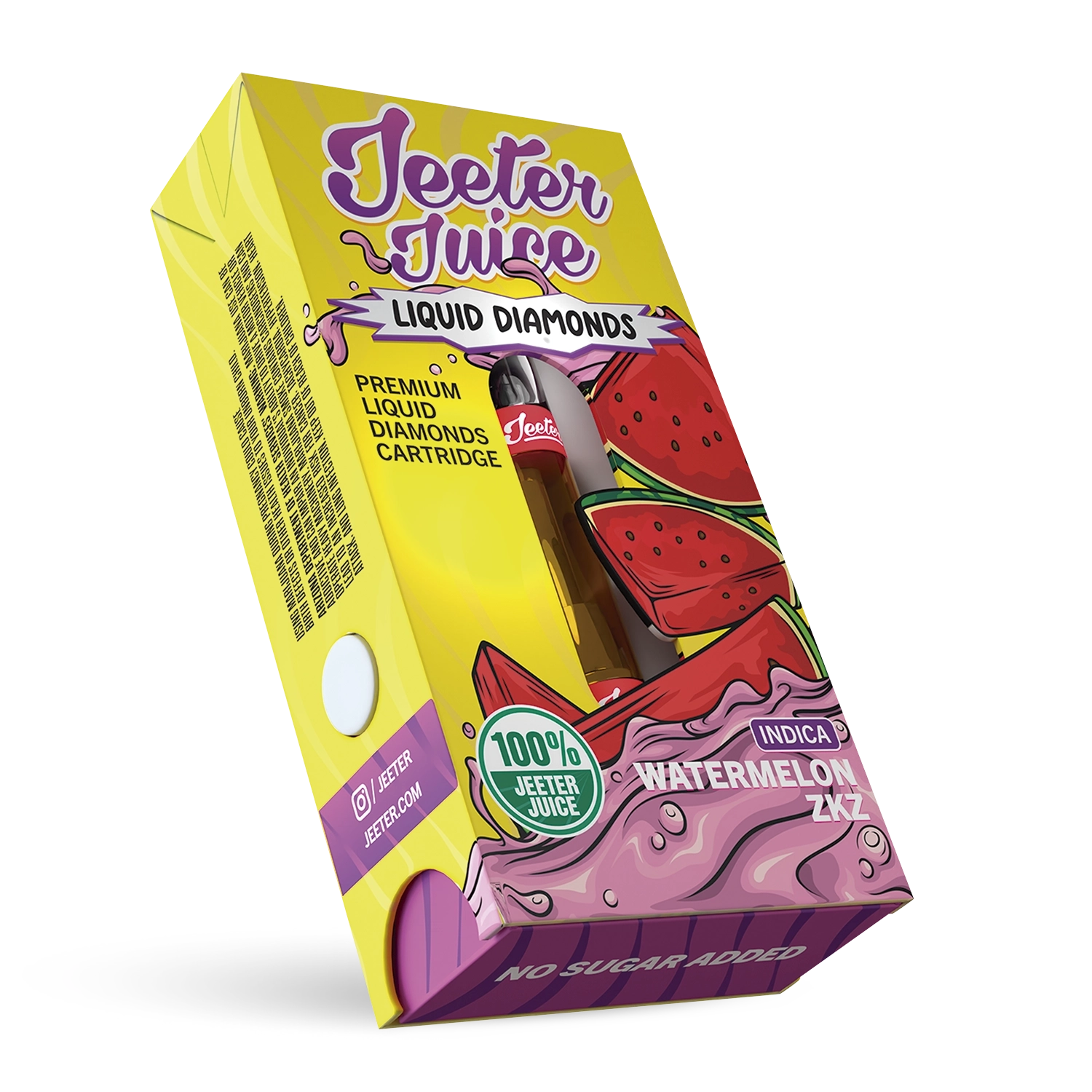 Jeeter Juice premium diamonds cartridge packaging with watermelon flavor and indica label.