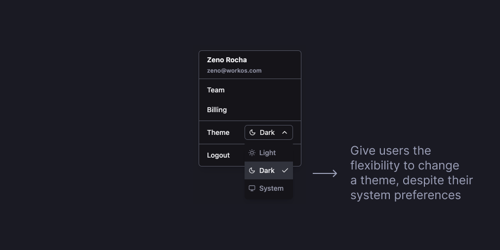 Dropdown allowing a user to choose the light, dark, or system theme.