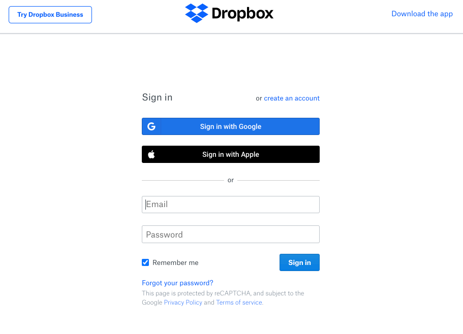 An animated screenshot of the Dropbox sign-in page showing the dynamically hidden password field when an entered domain has SSO enabled.