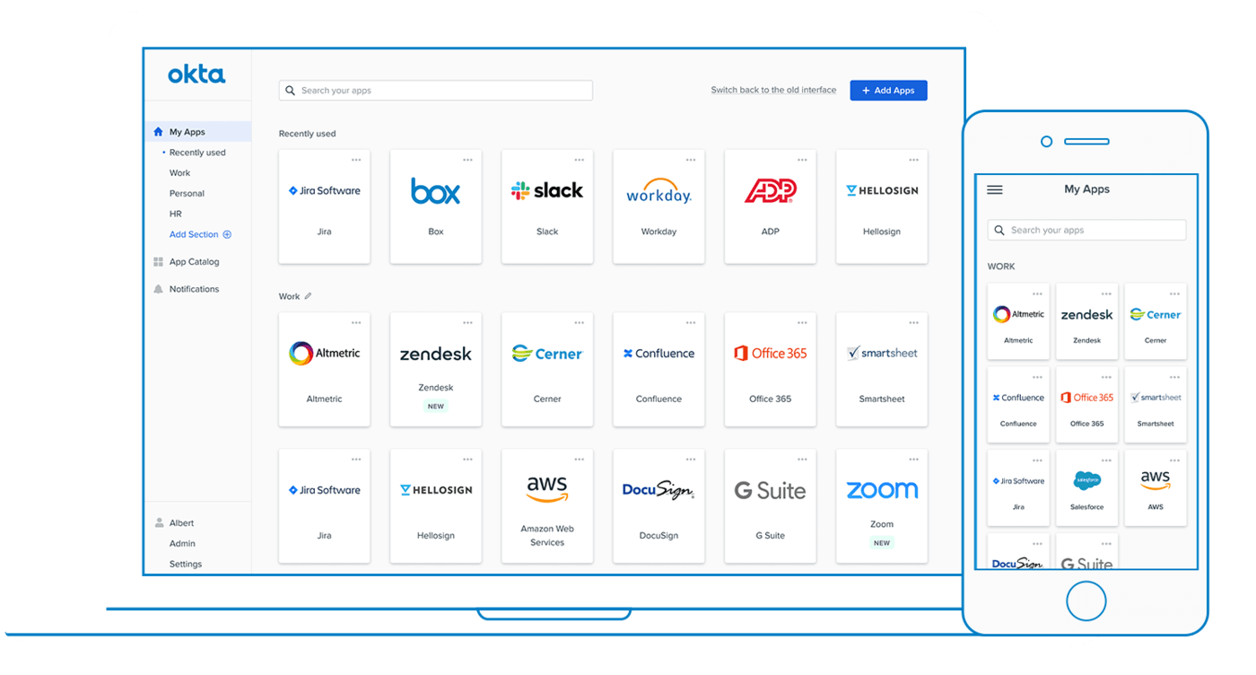 A screenshot of a user's Okta dashboard with all application chiclets for the user.