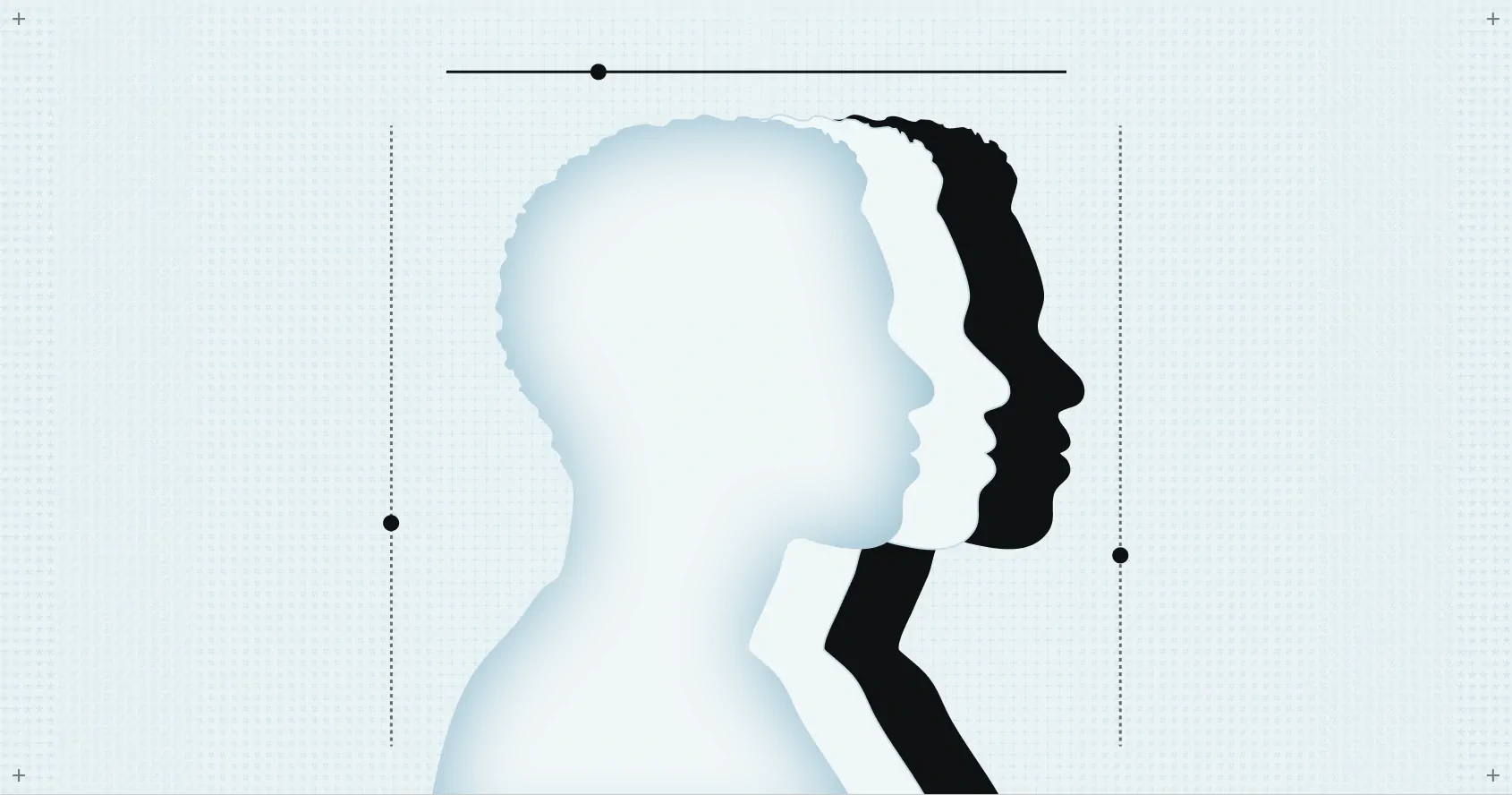 Abstract illustration of three overlapping human silhouettes in profile, ranging from light blue in the foreground to solid black in the background, symbolizing multiple roles or identities.