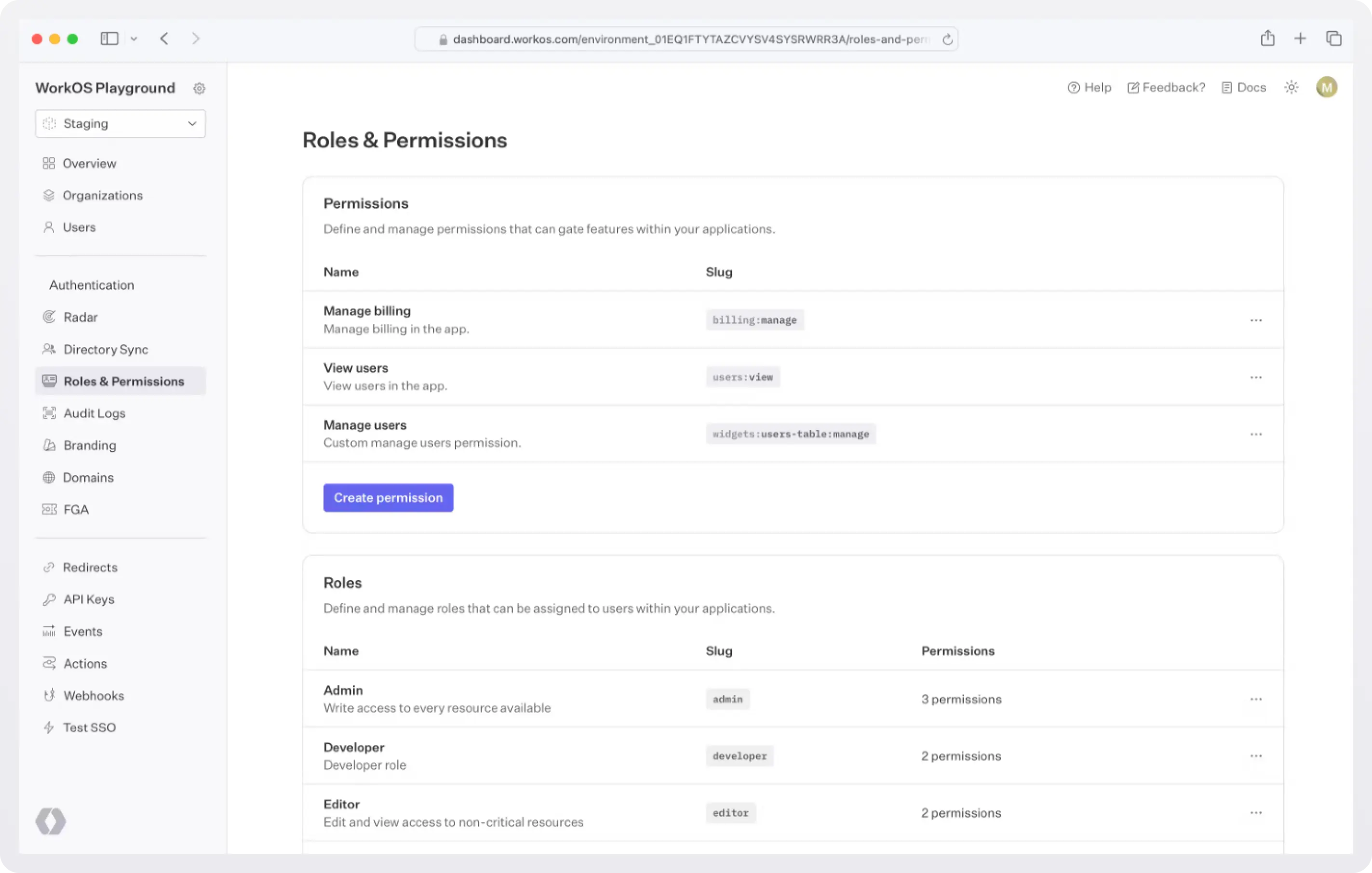 WorkOS dashboard showing Roles and Permissions settings for a SaaS app.