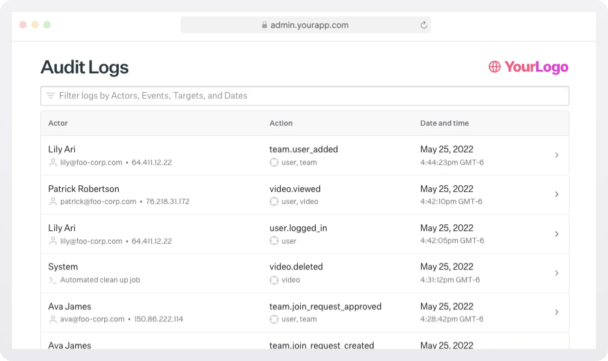 Example WorkOS Audit Logs interface displaying user actions like logins and team changes, providing traceable security and compliance records..