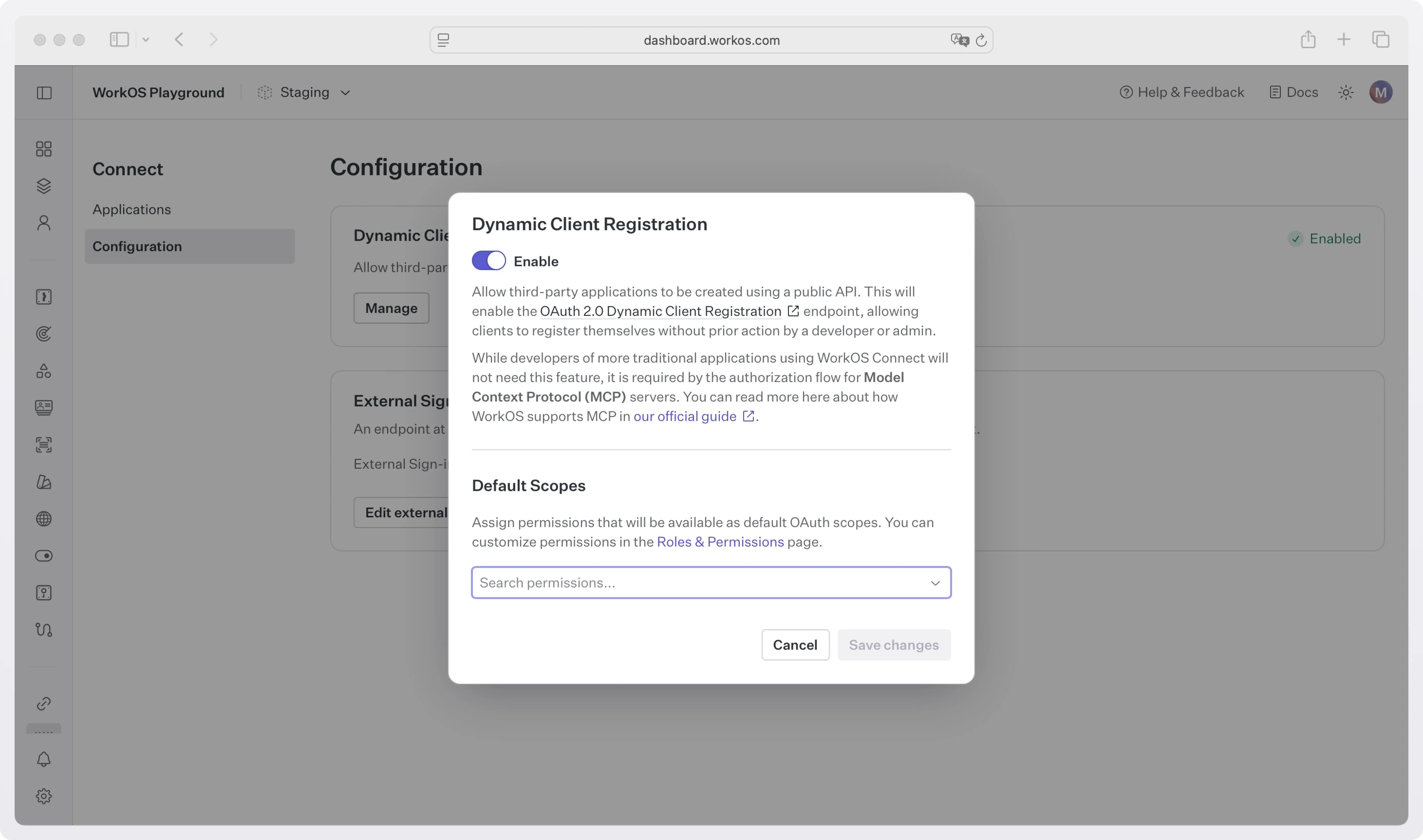 Screenshot of WorkOS Dashboard showing how to enable DCR