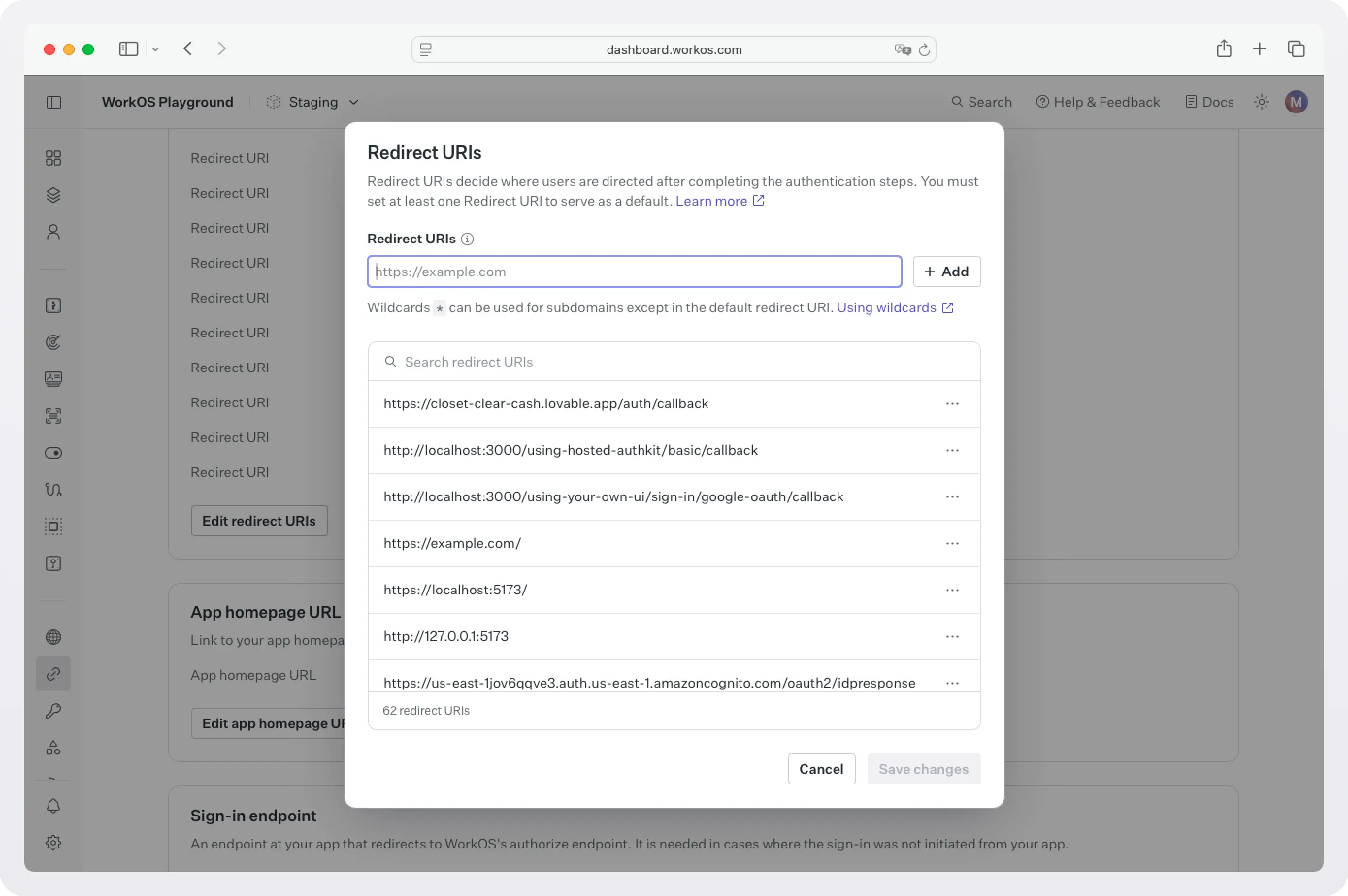 Screenshot of the WorkOS dashboard Redirect URIs page