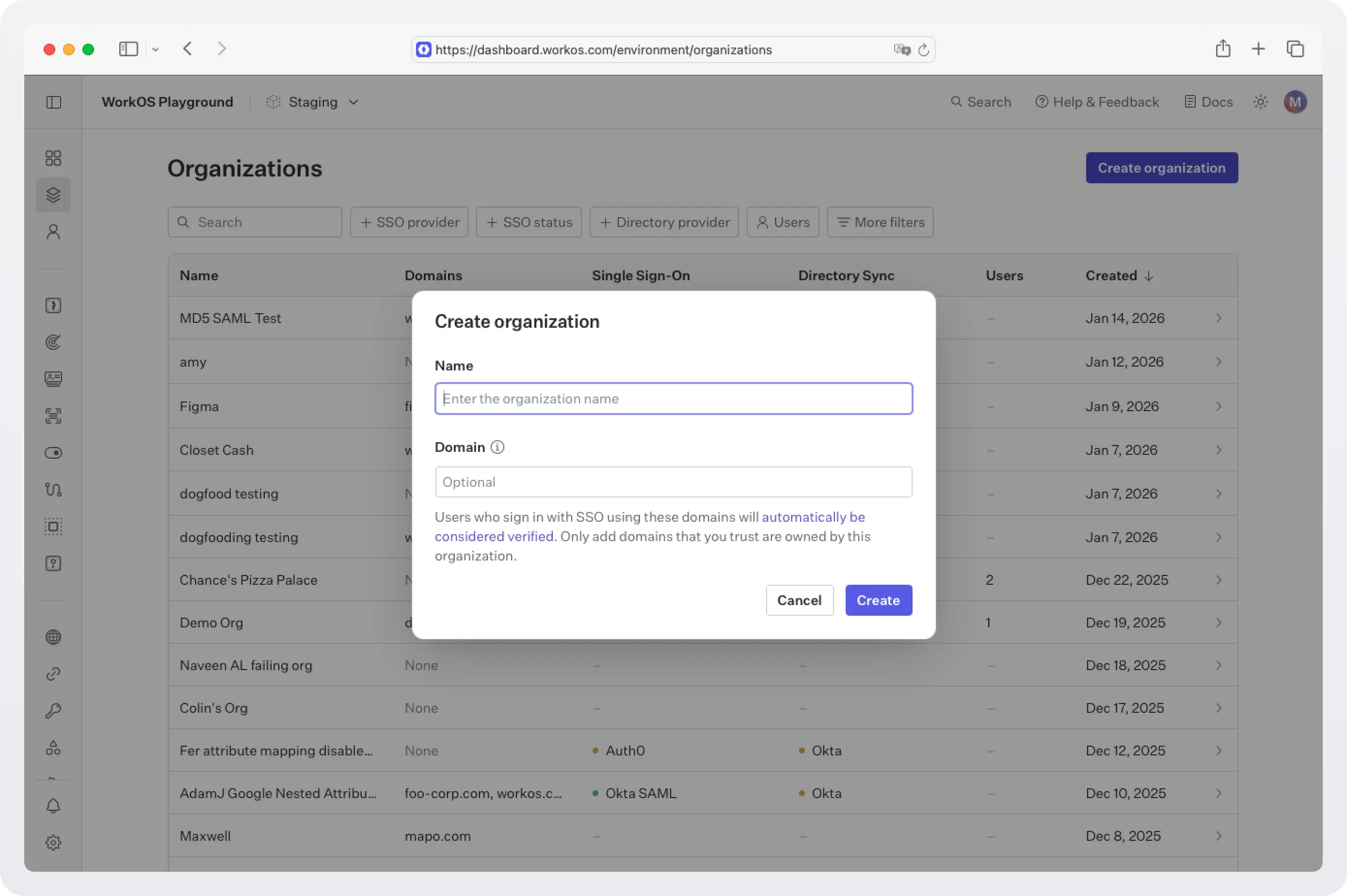 Screenshot of the WorkOS dashboard Organizations page