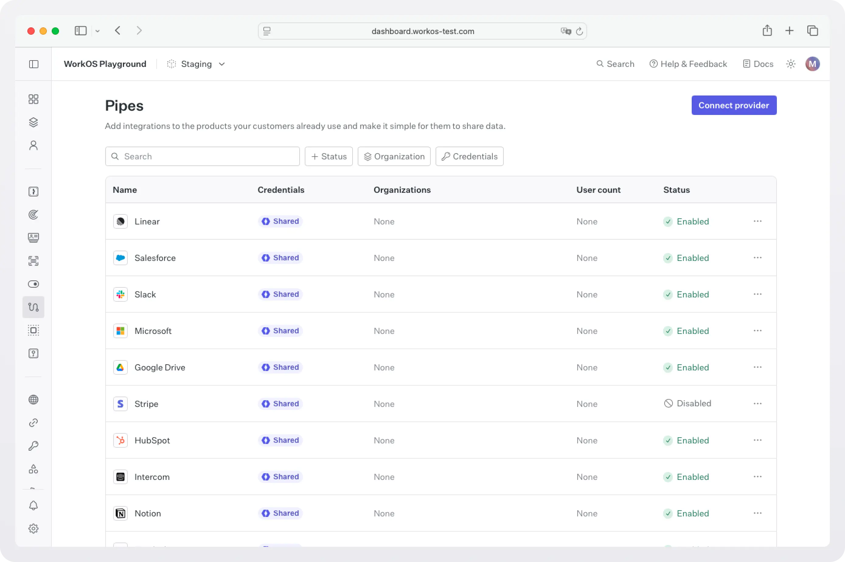 Screenshot of the Pipes page in the WorkOS dashboard