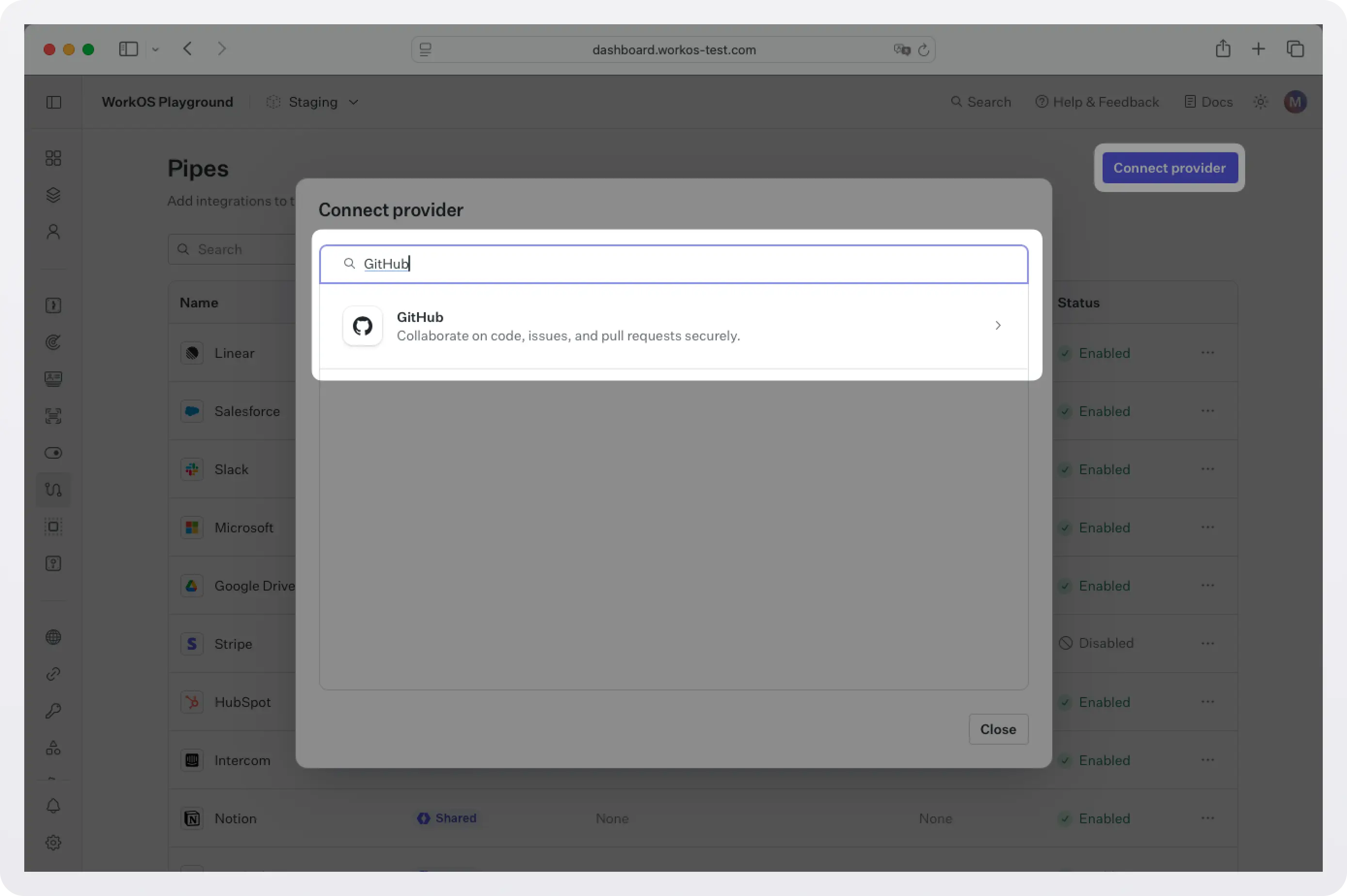 Screenshot of the GitHub provider option in the WorkOS dashboard