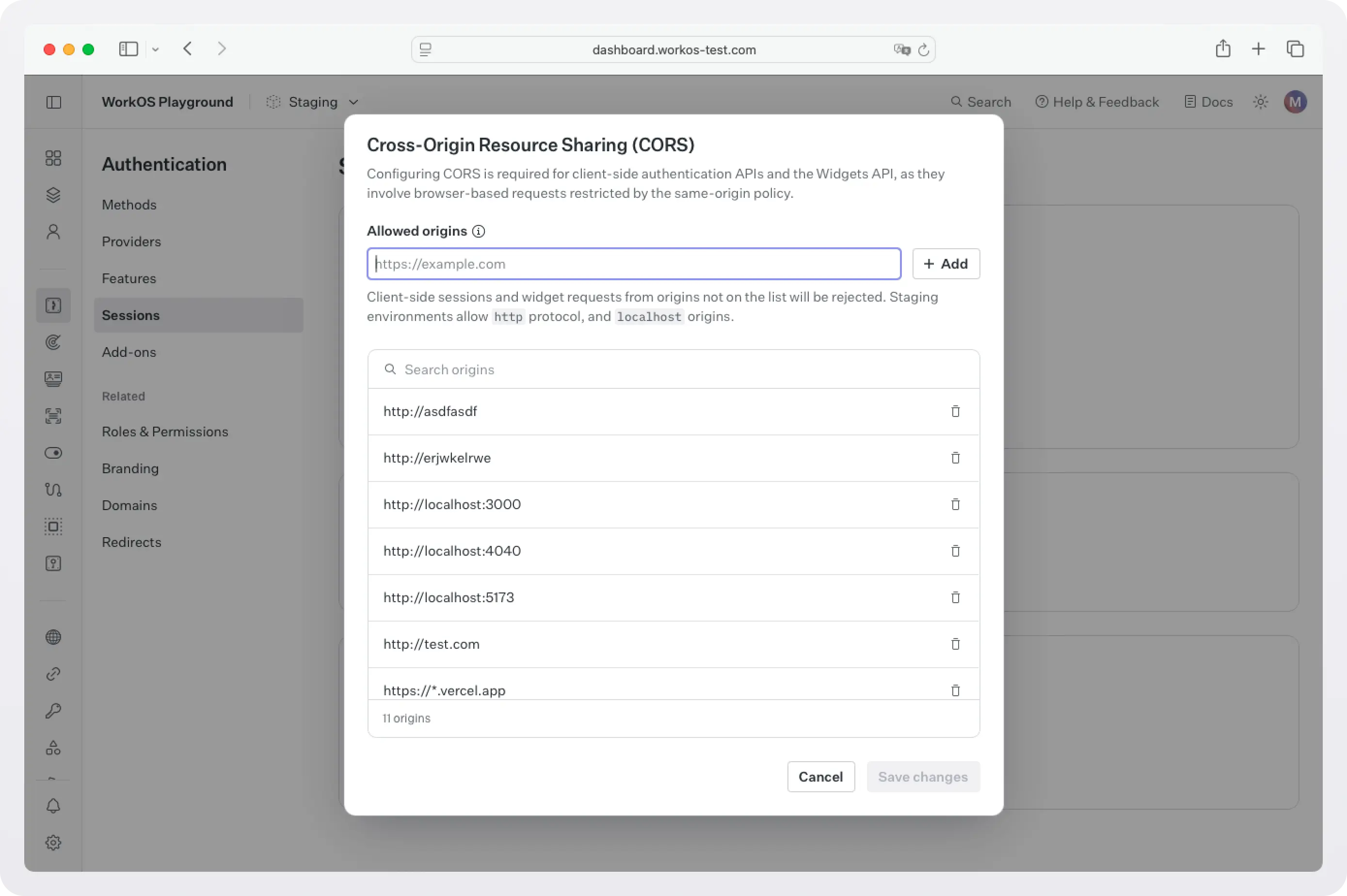 Screenshot of the CORS dialog box in the WorkOS dashboard