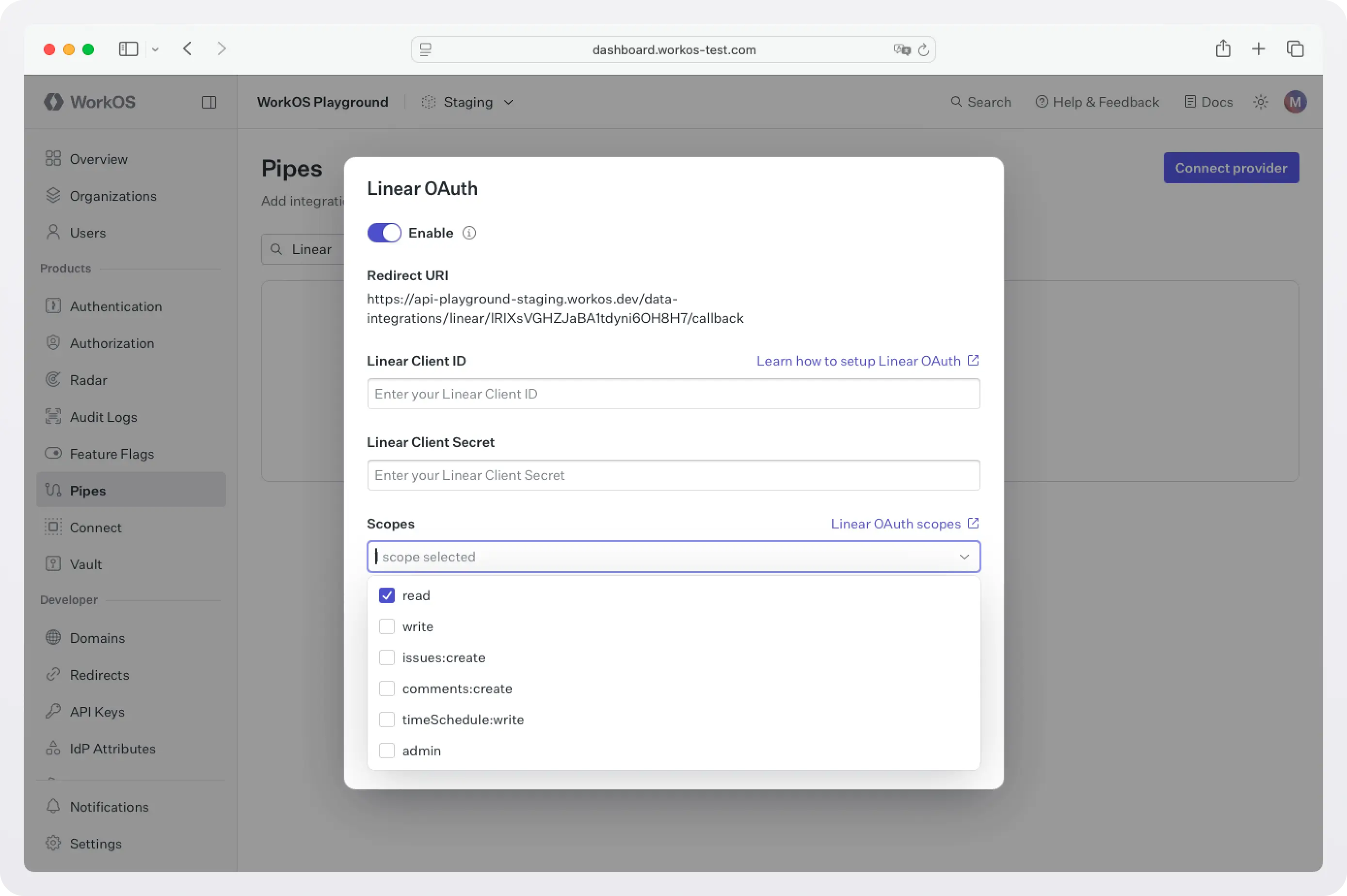 Screenshot of configuring the Linear integration in the WorkOS dashboard
