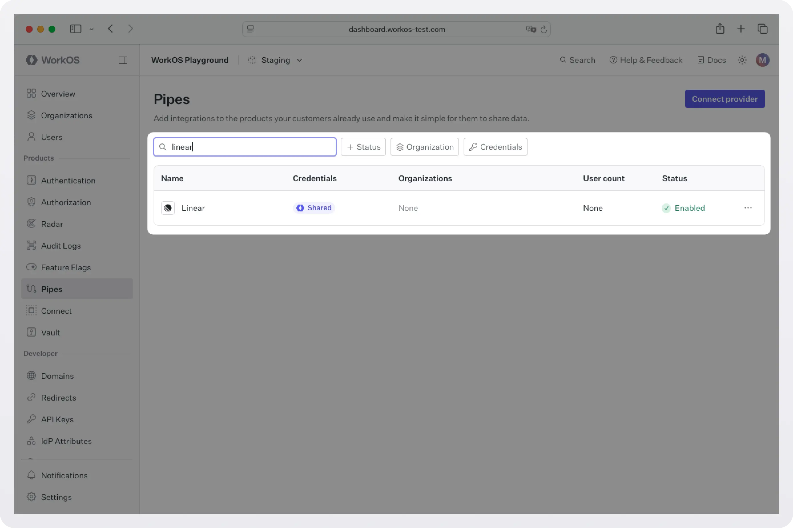 Screenshot of selecting the Linear integration in the WorkOS dashboard