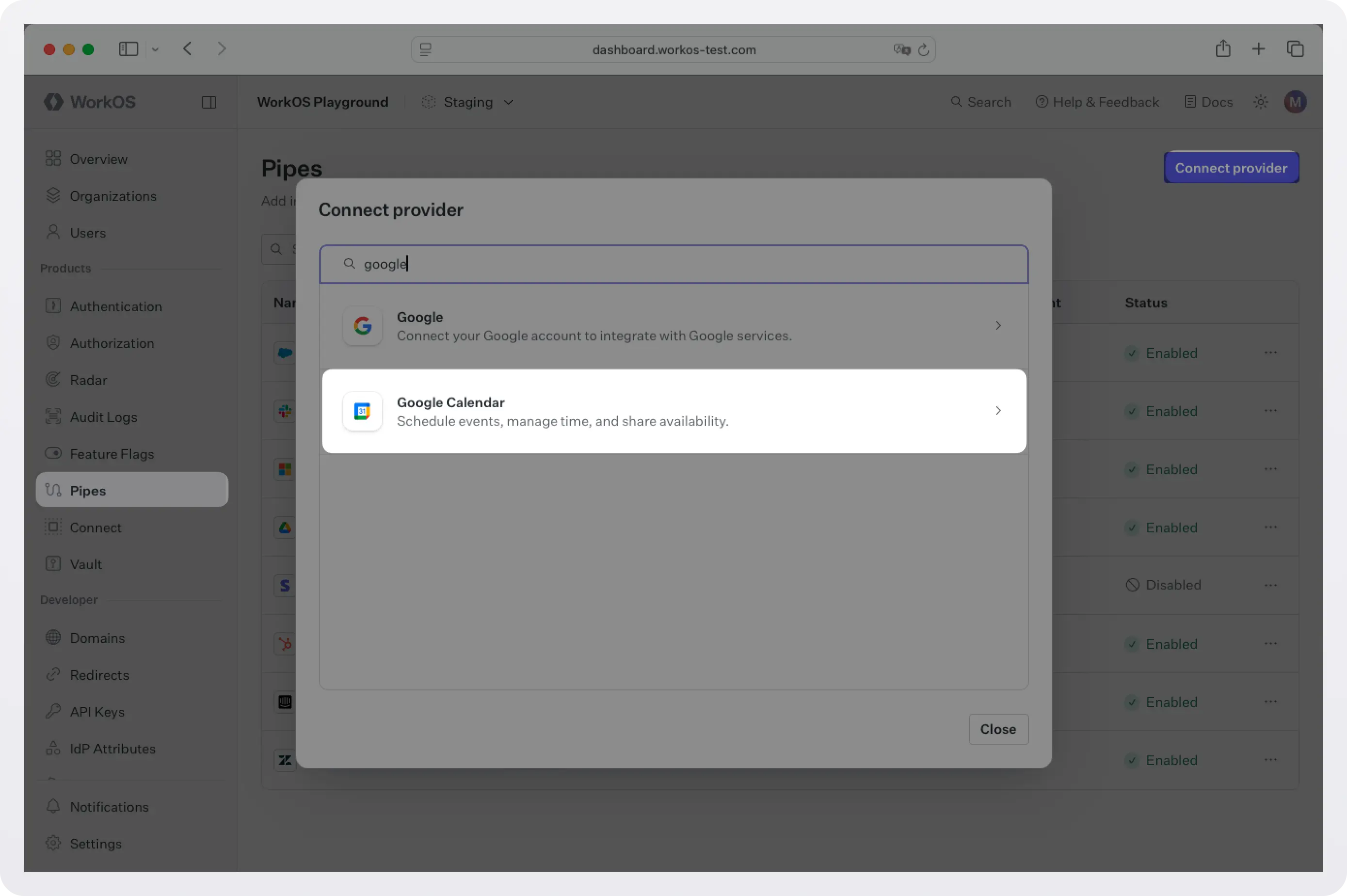 Screenshot of selecting the Google Calendar integration in the WorkOS dashboard