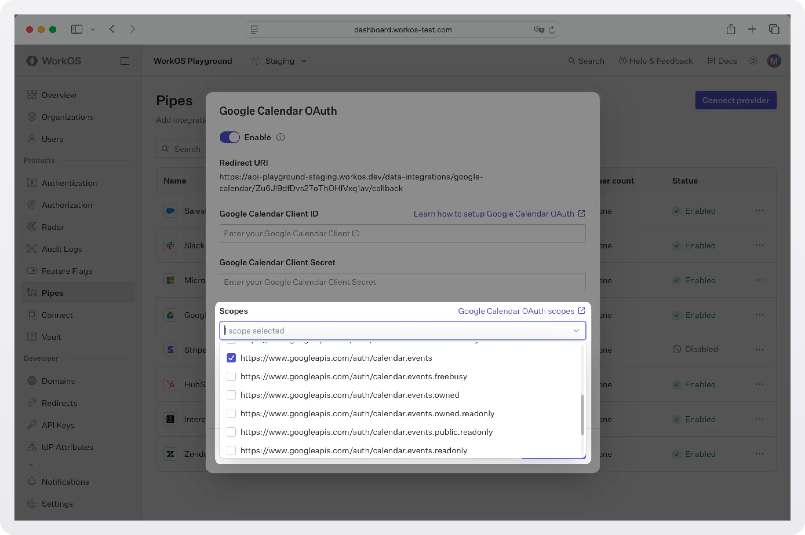 Screenshot of configuring the Google Calendar integration in the WorkOS dashboard