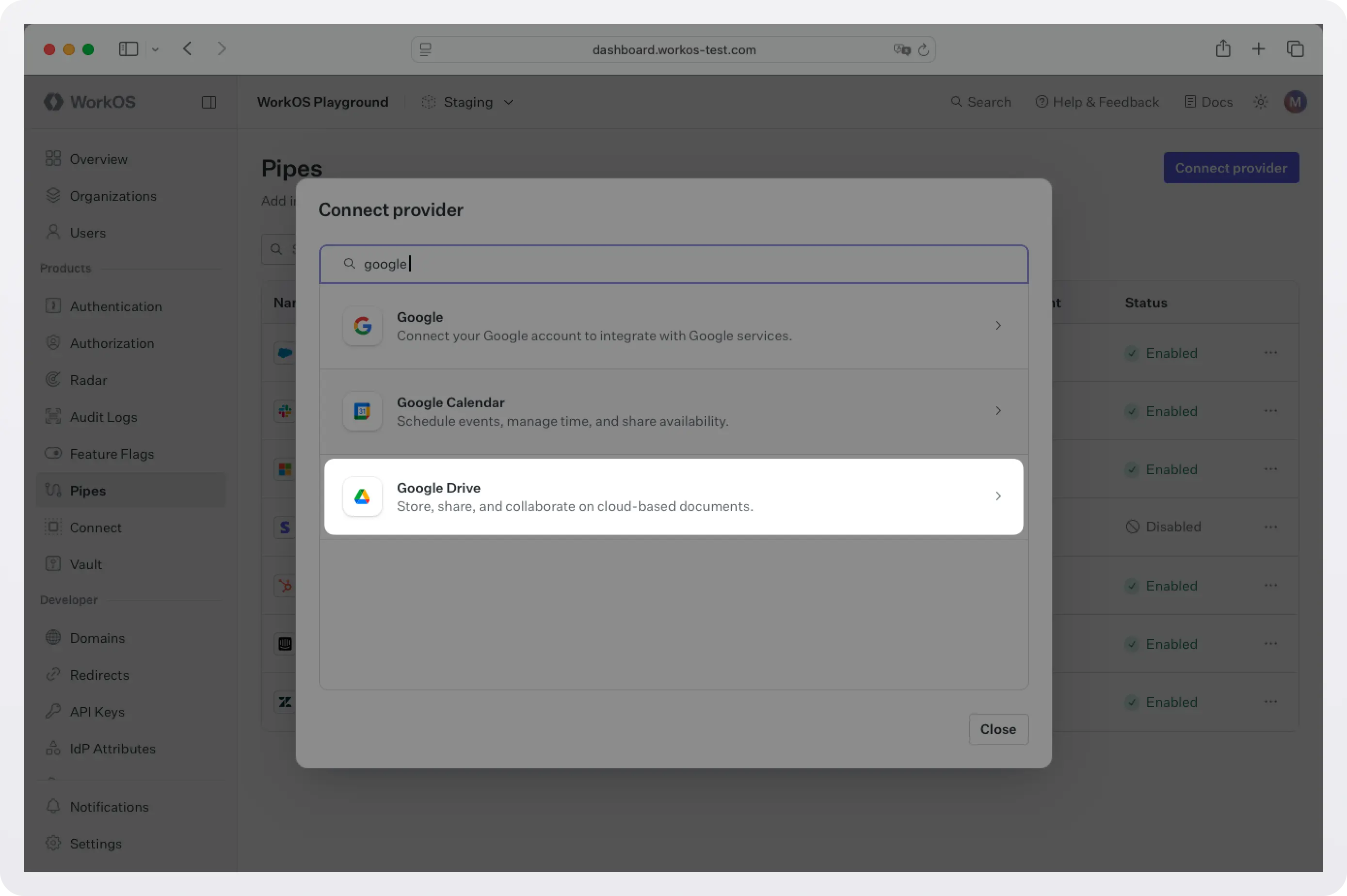 Screenshot of selecting the Google Drive integration in the WorkOS dashboard