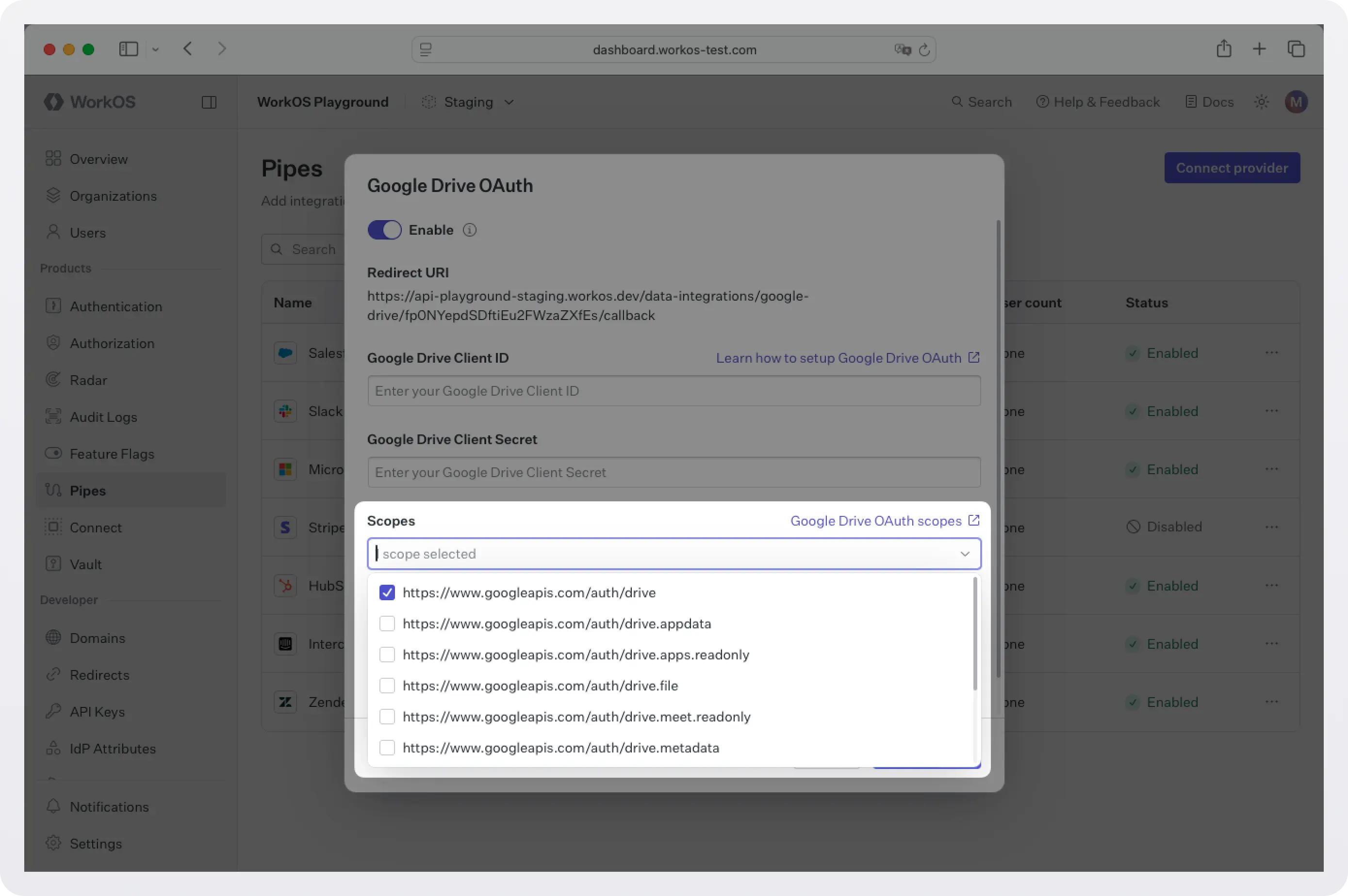 Screenshot of selecting scopes for the Google Drive integration in the WorkOS dashboard