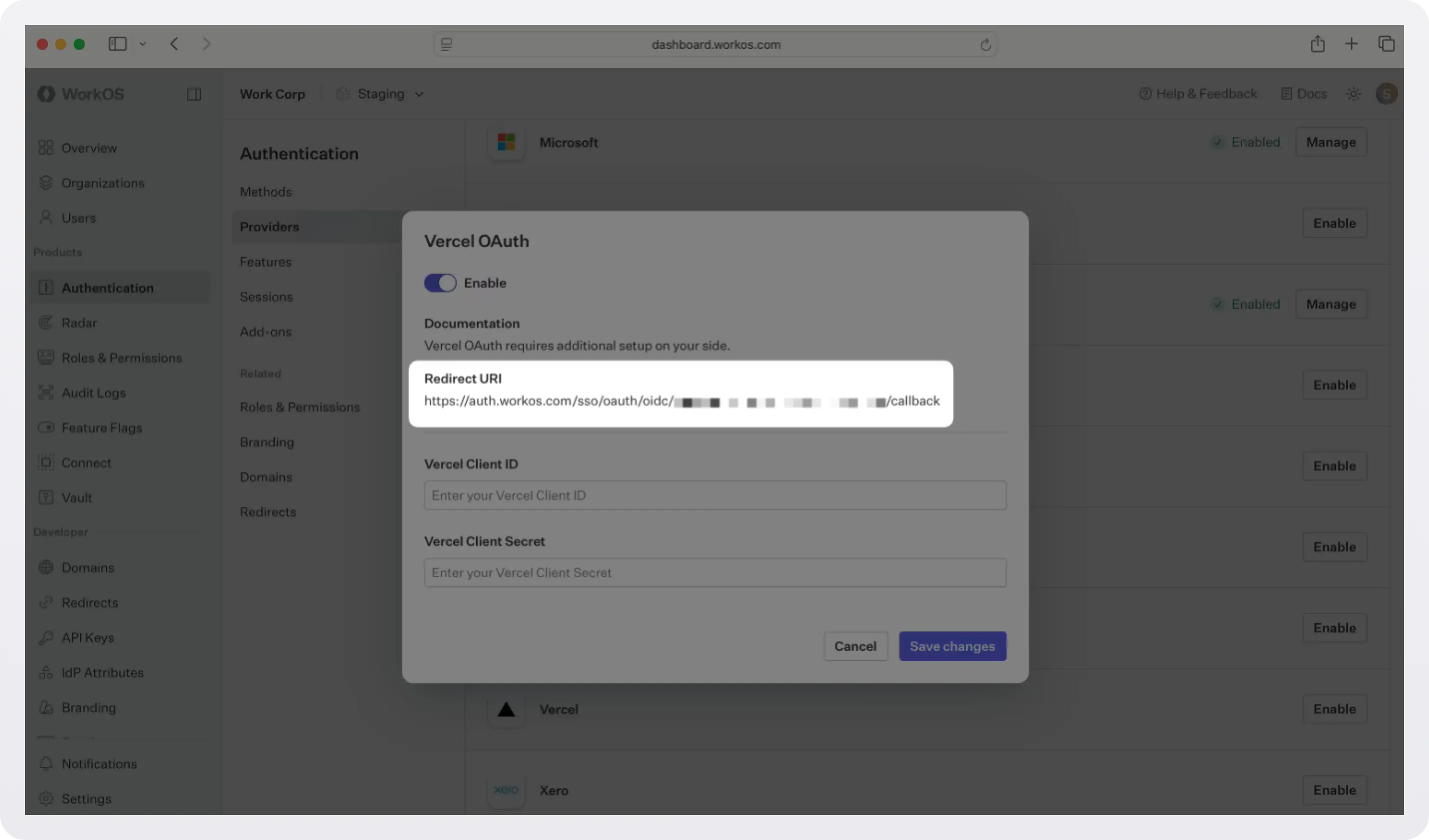 Get the Redirect URI from the WorkOS dashboard