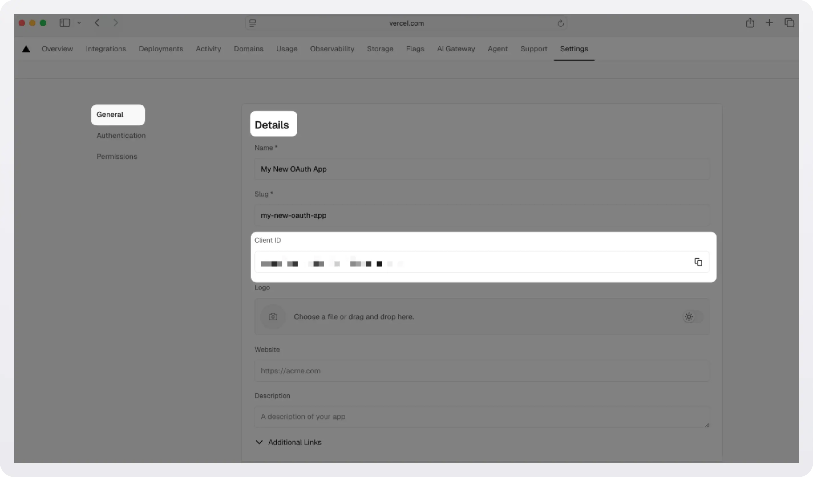 Copy the Client ID from the Vercel dashboard