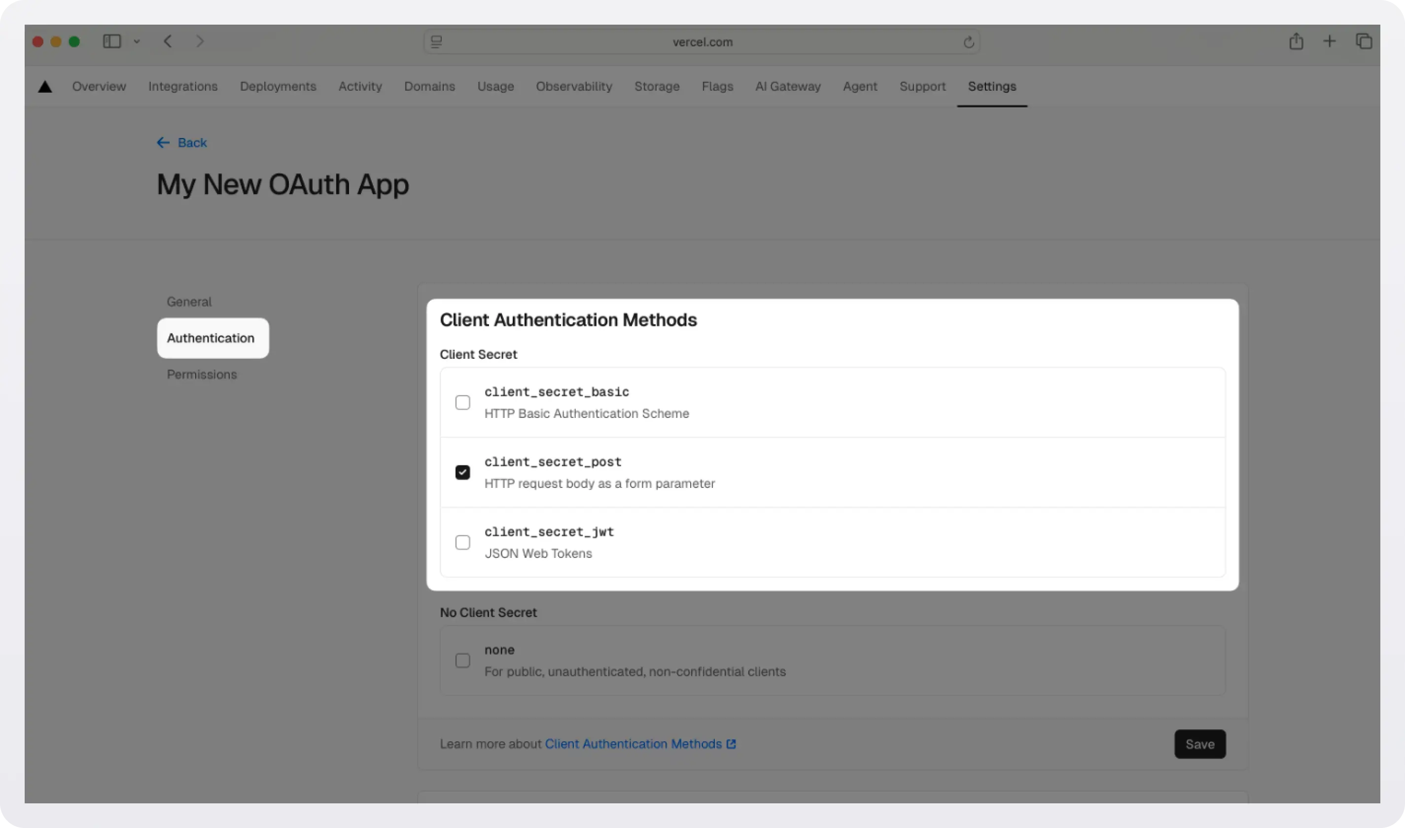 Set client_secret_post as the client authentication method at the Vercel dashboard