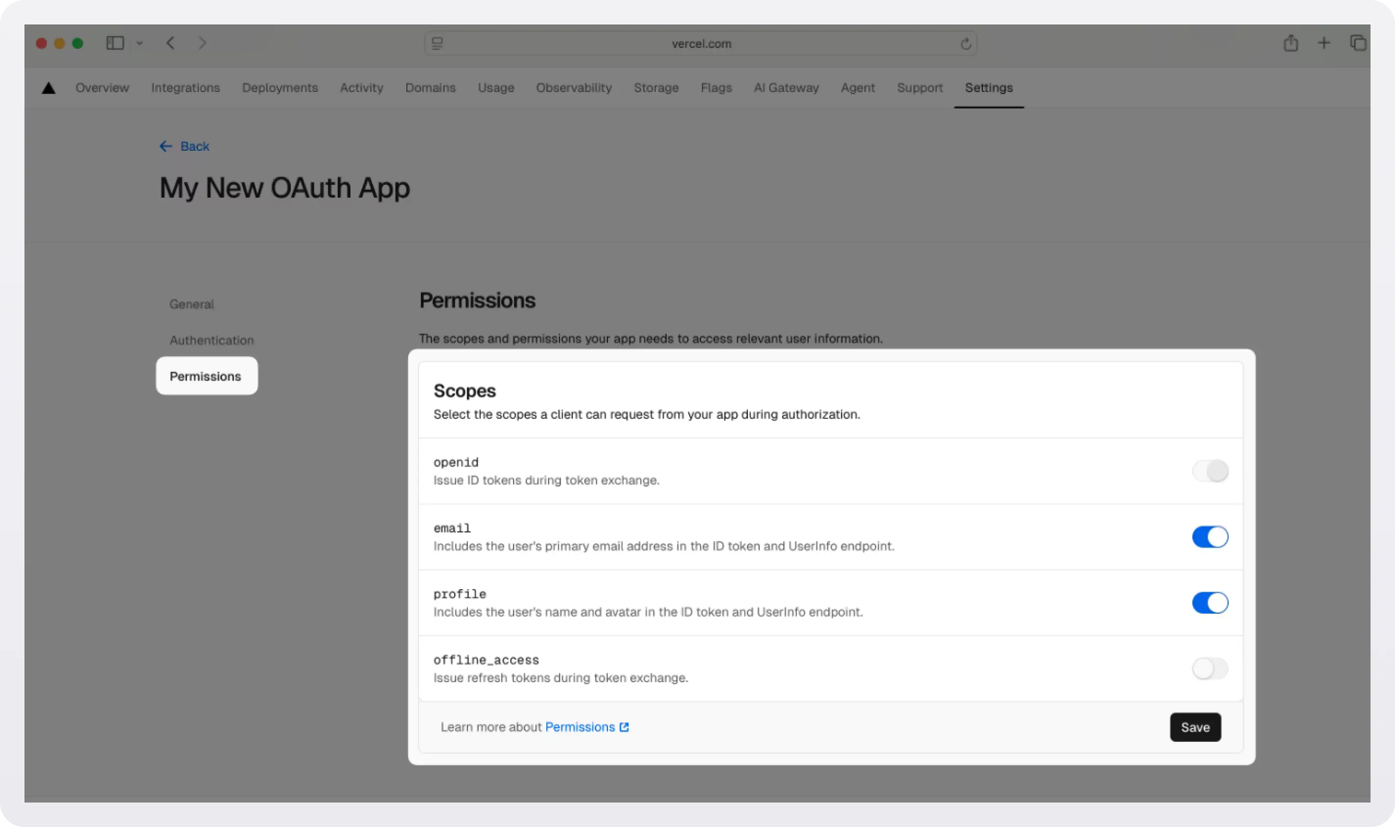 Configure OAuth scopes at the Vercel dashboard