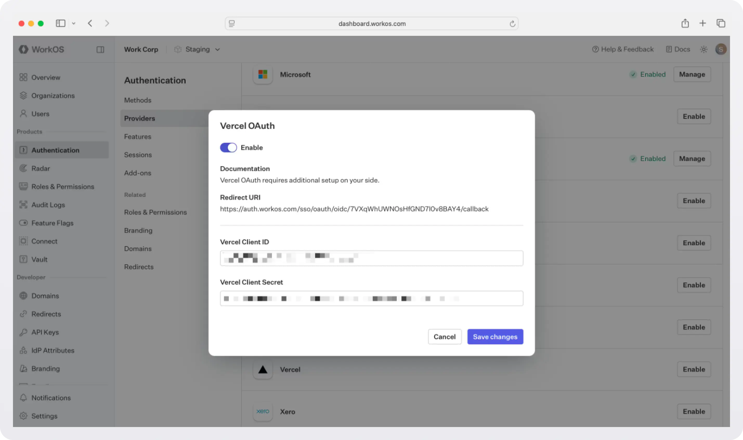 Set the Client ID and Secret at the WorkOS dashboard