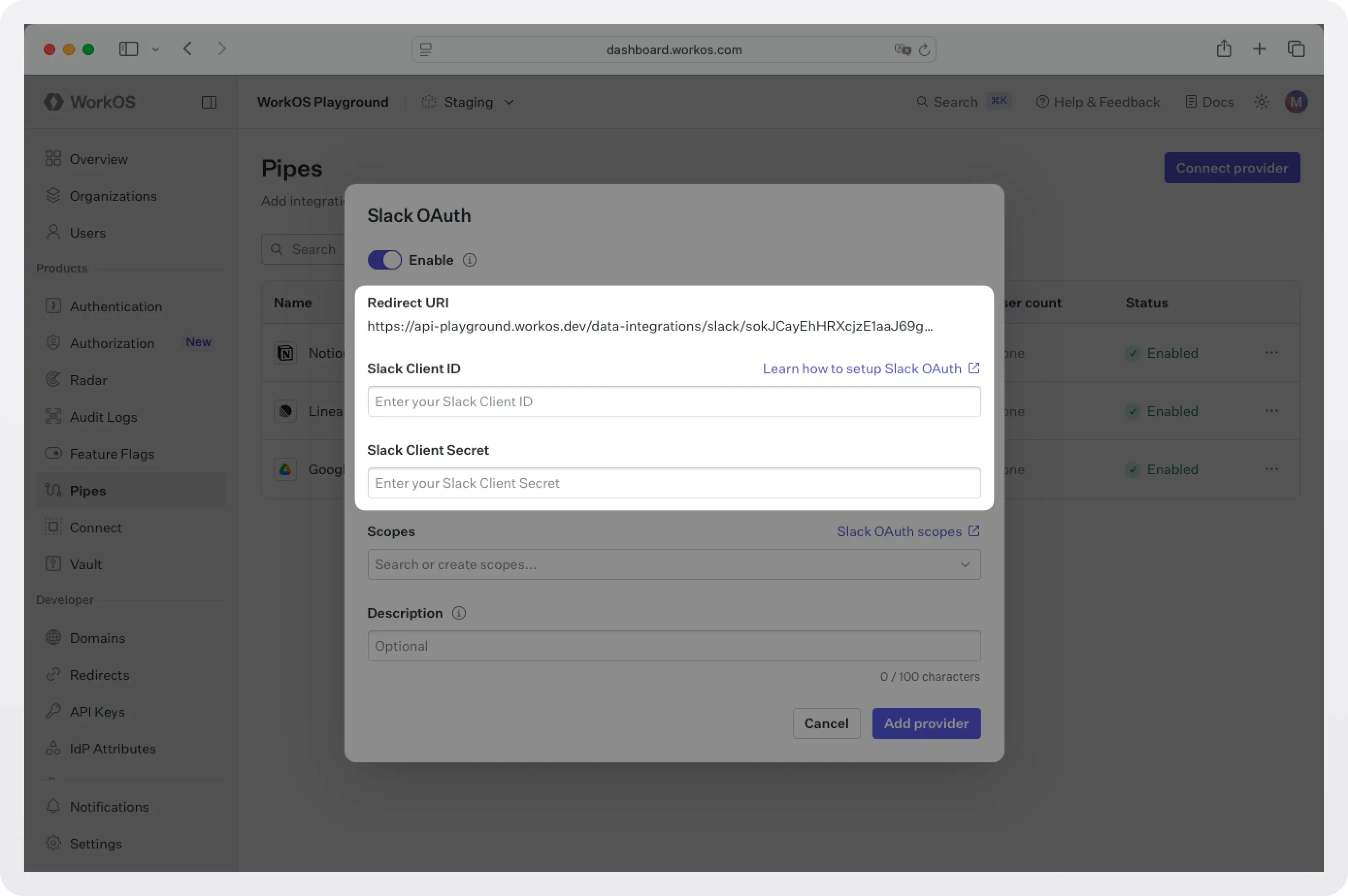 Screenshot of the Slack configuration dialog box in the WorkOS dashboard