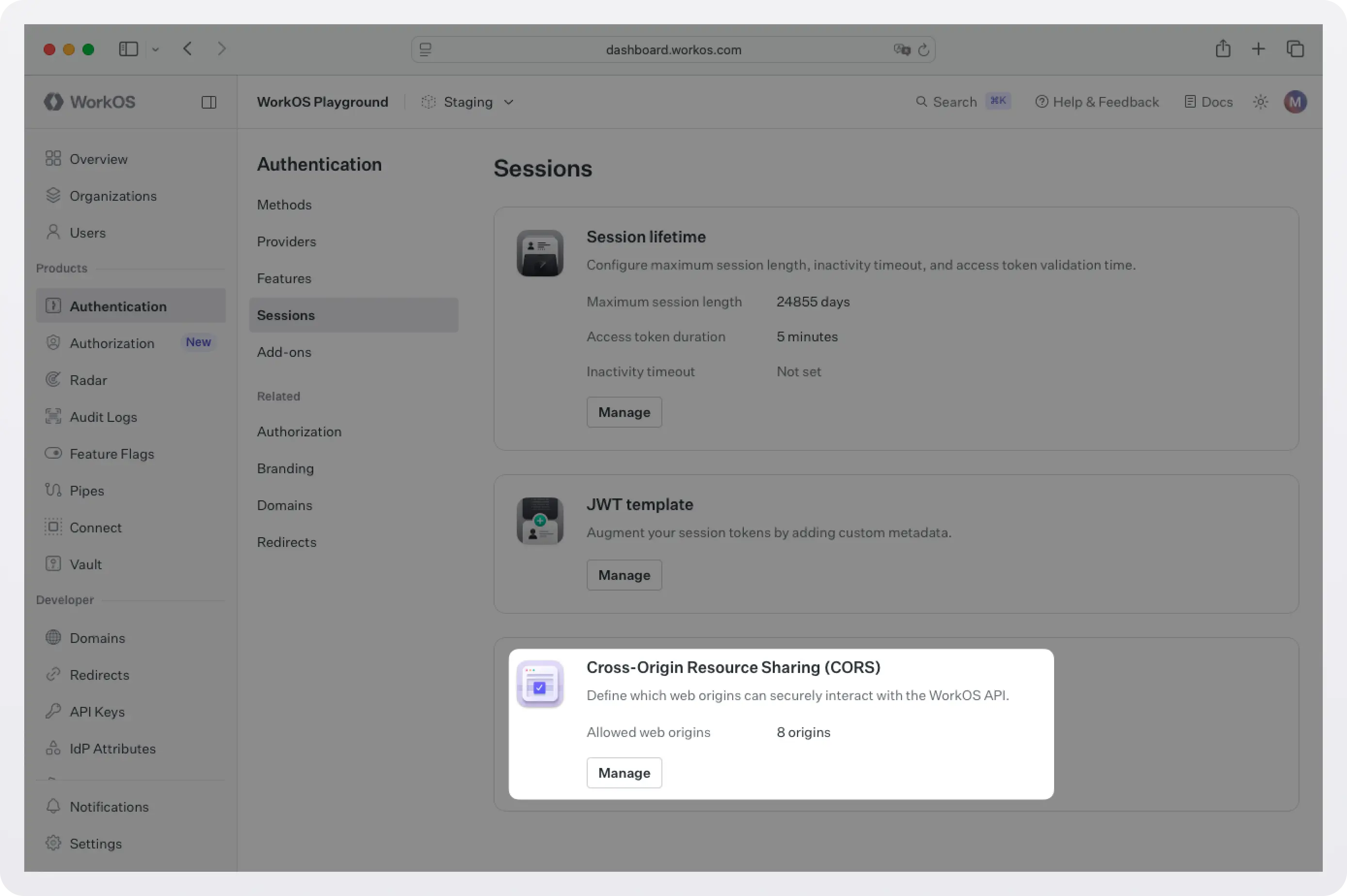 Screenshot of the dashboard's Authentication → Sessions page
