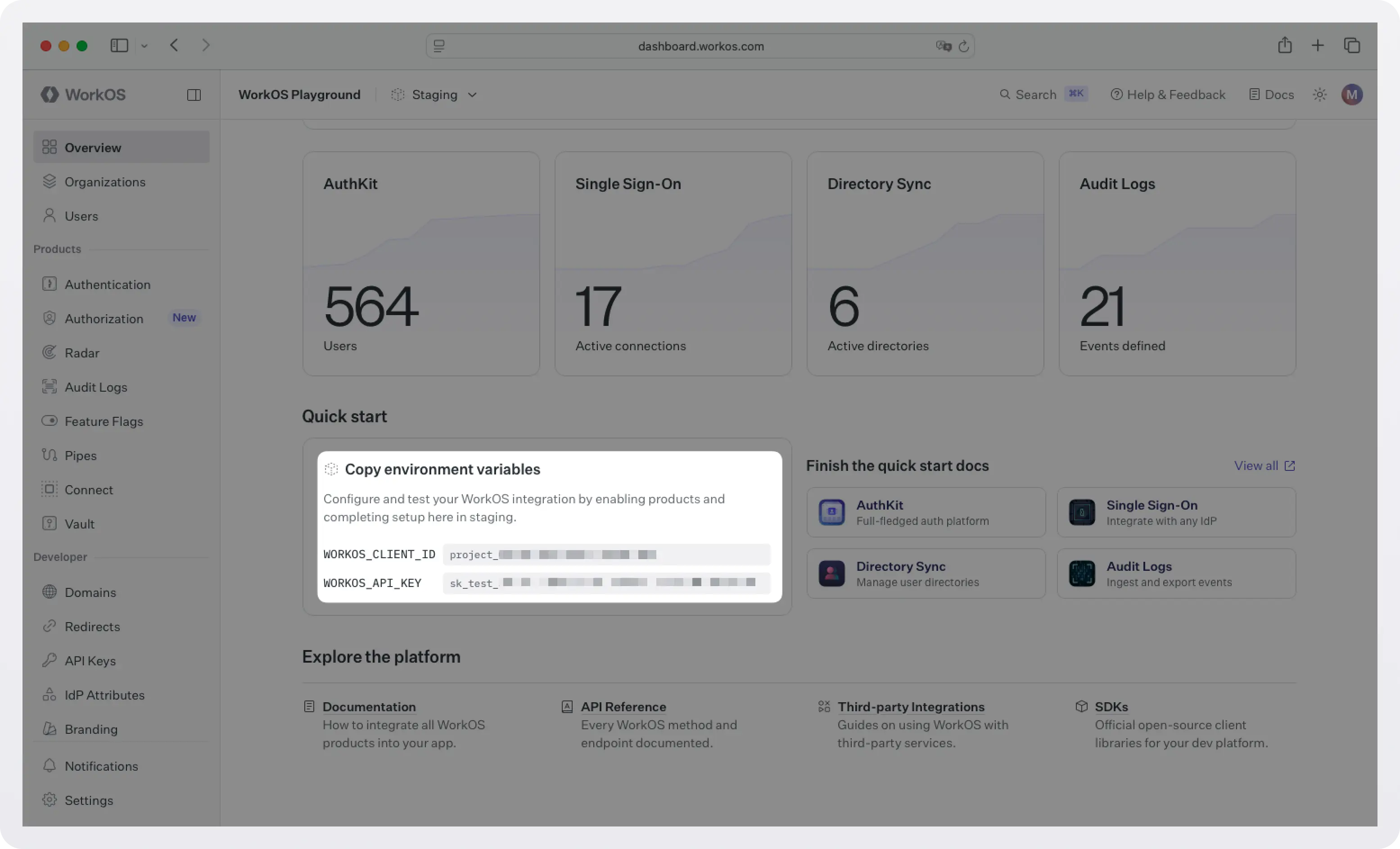 Screenshot of the WorkOS dashboard landing page