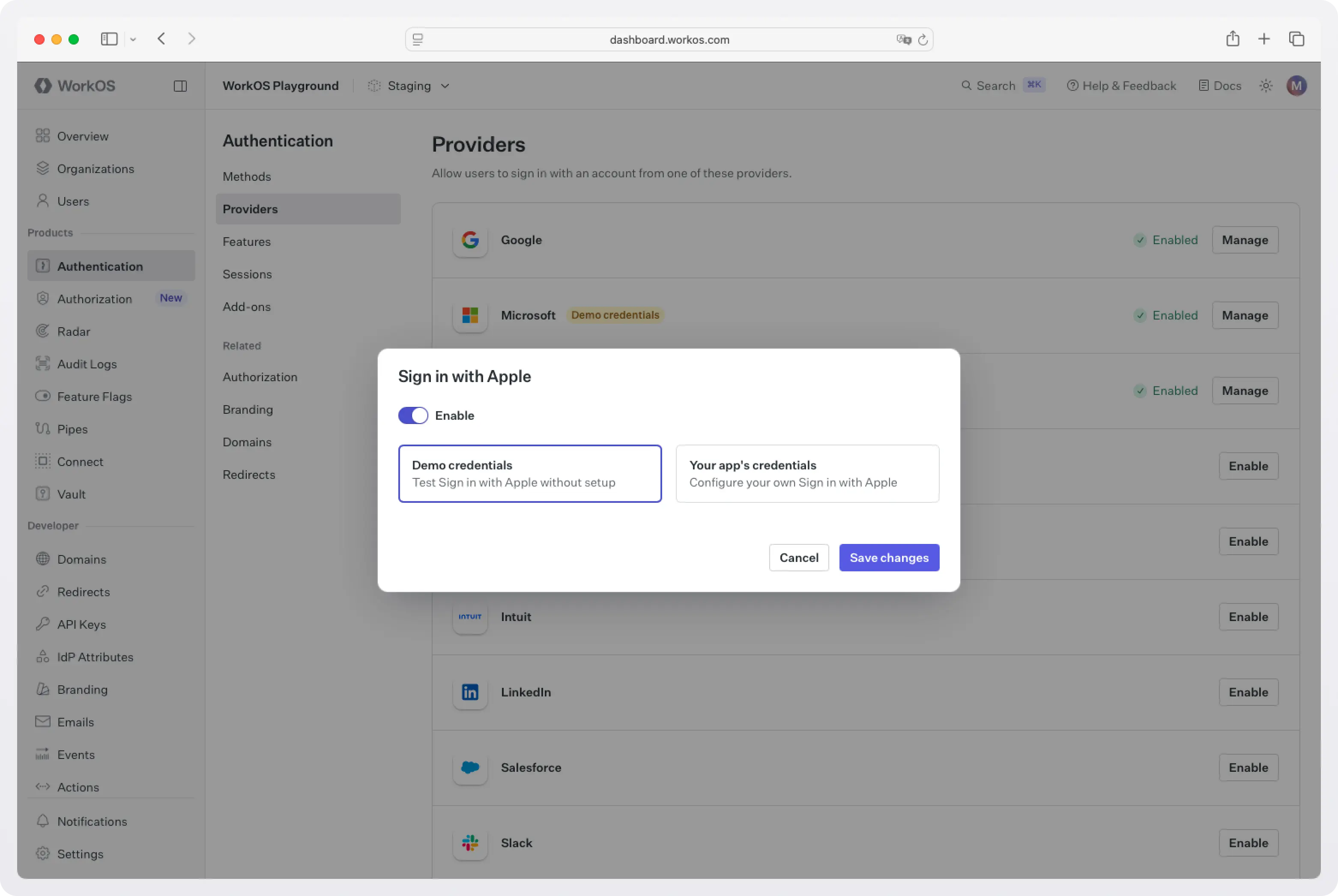 Configure demo credentials for Sign in with Apple at the WorkOS dashboard