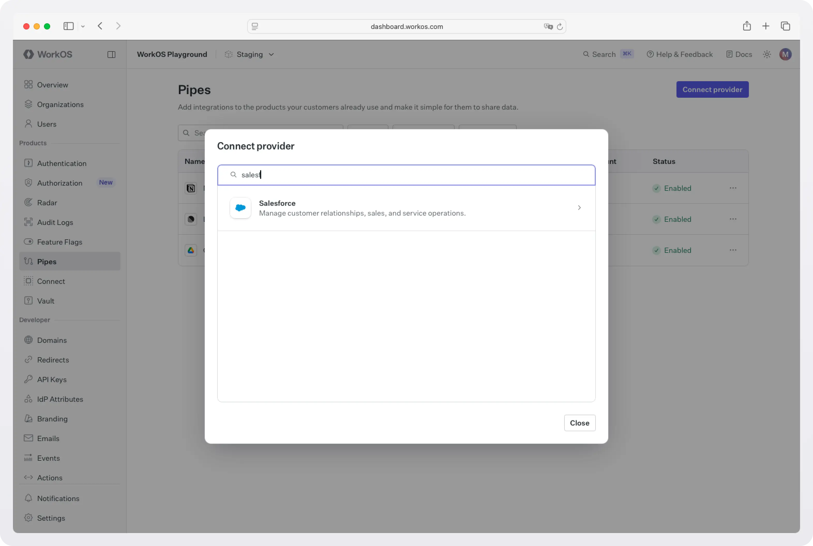 Screenshot of the Pipes page in the WorkOS dashboard