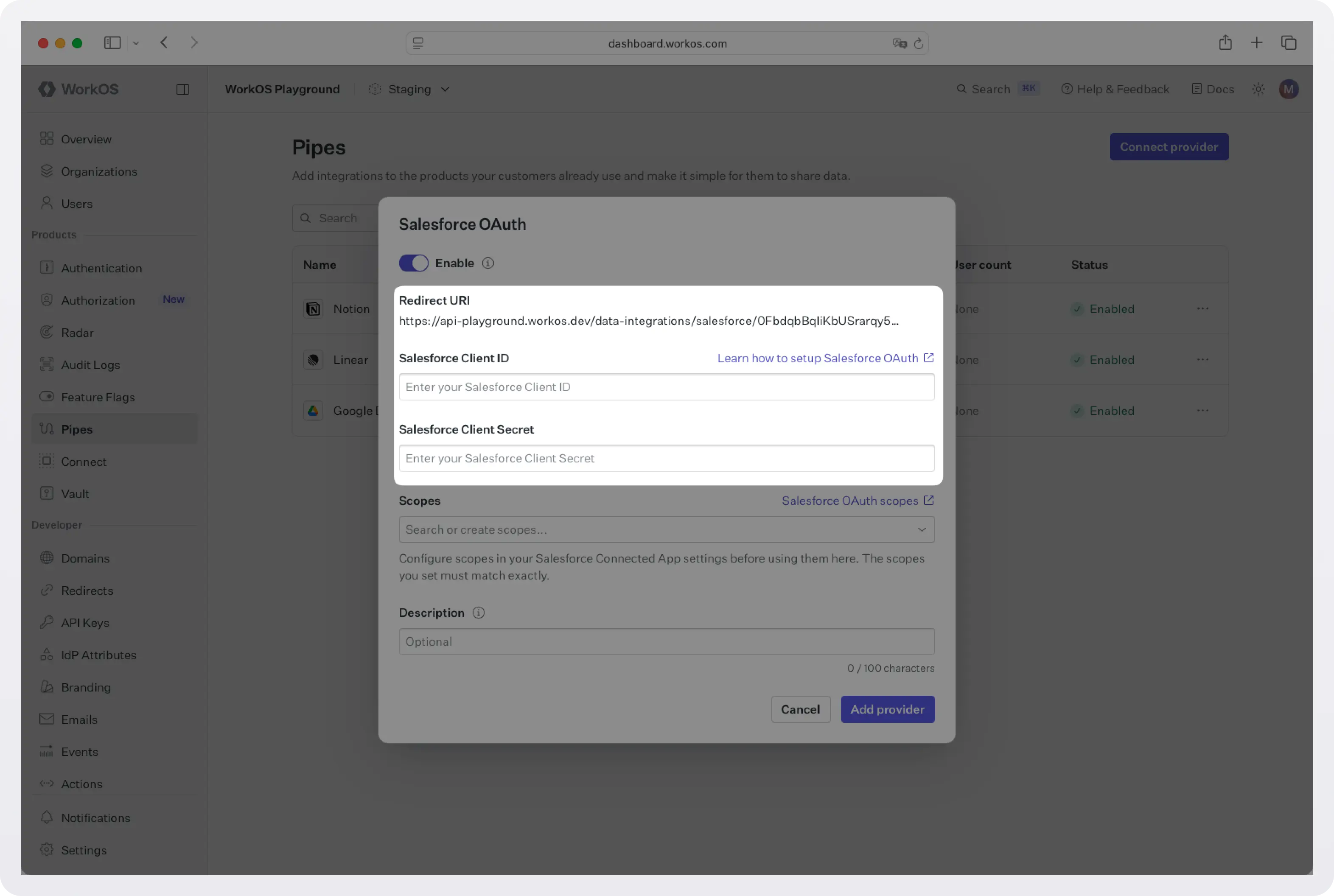 Screenshot of the Salesforce configuration dialog box in the WorkOS dashboard