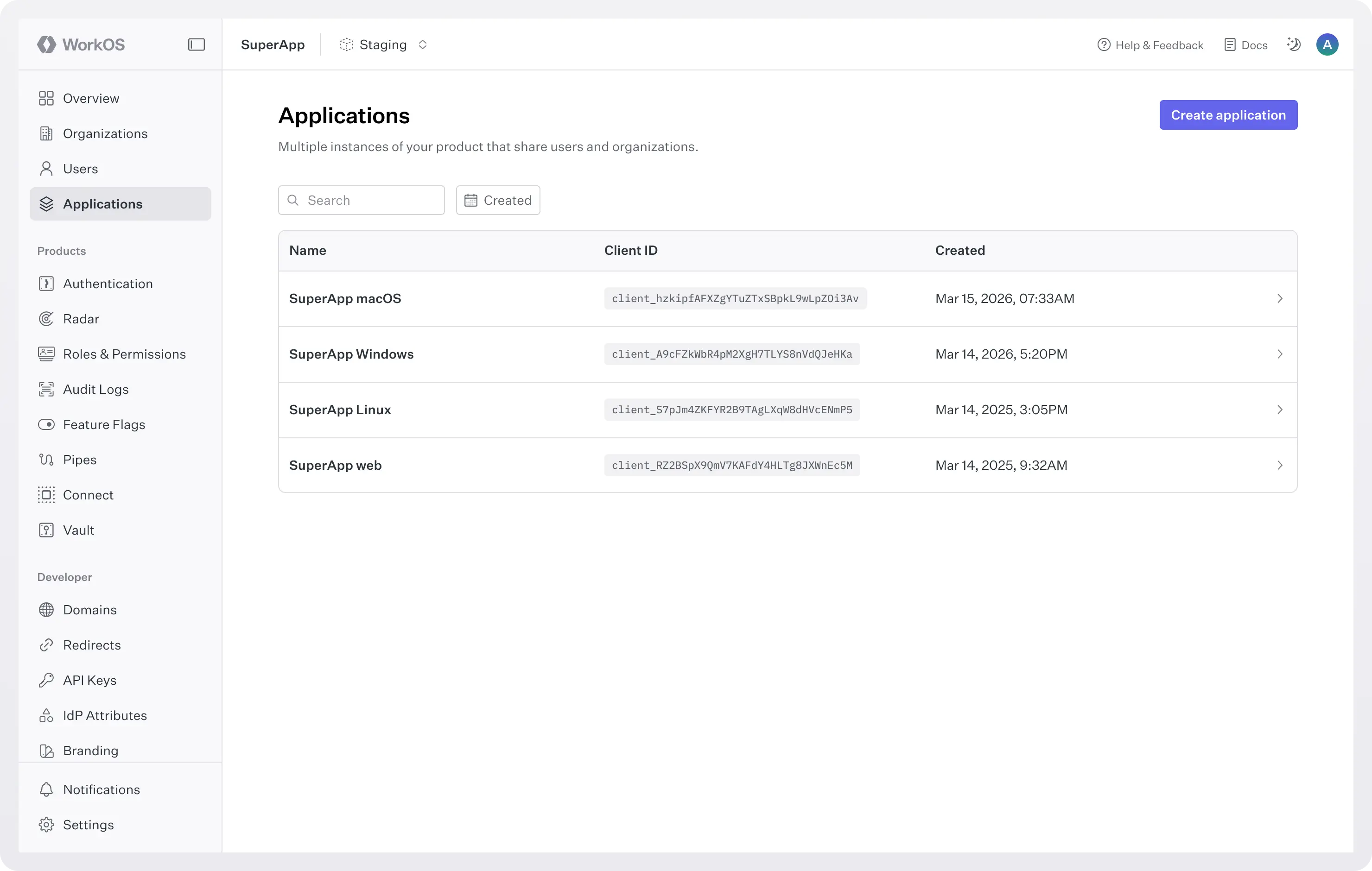 Screenshot of WorkOS Dashboard > Applications