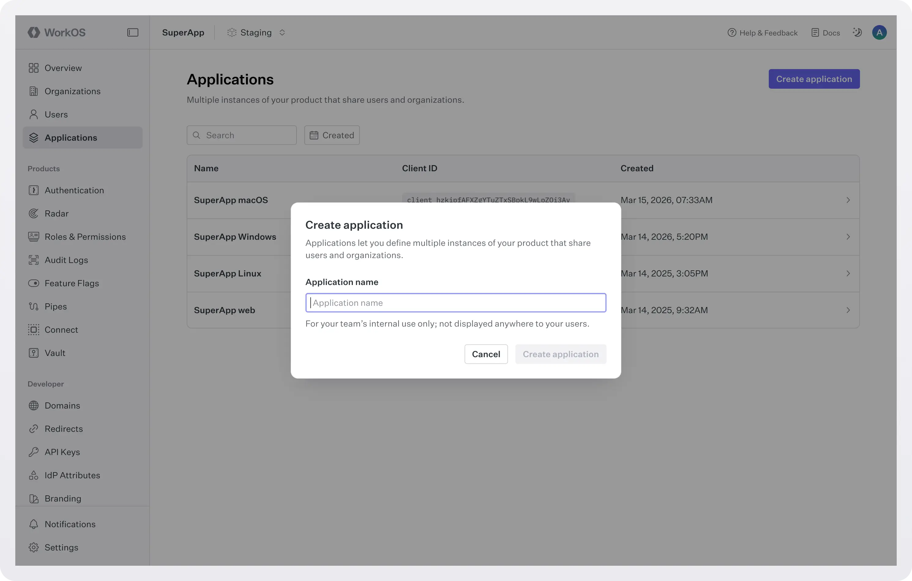 Creating an application in the WorkOS dashboard