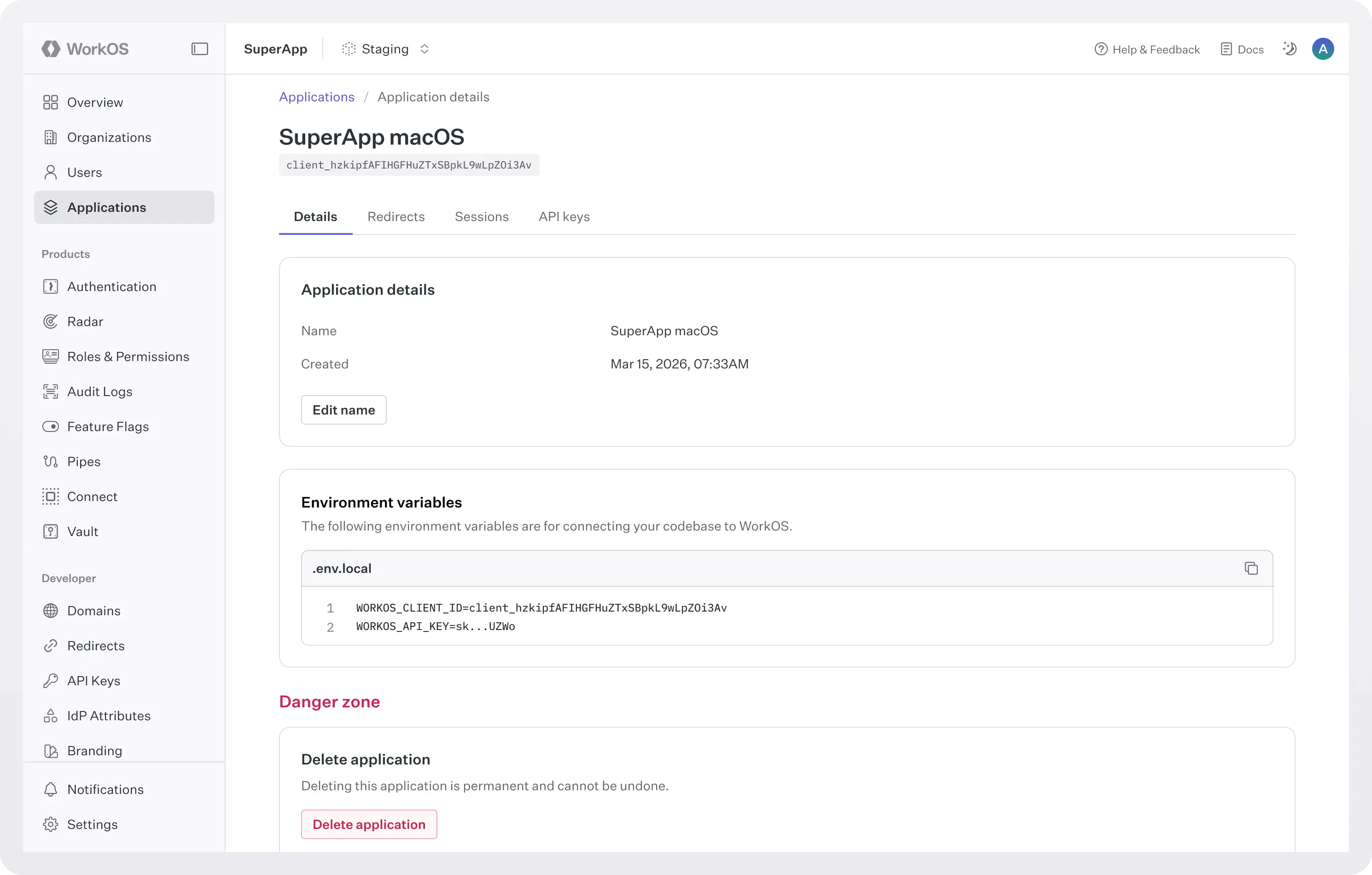 Screenshot of WorkOS dashboard > Application details